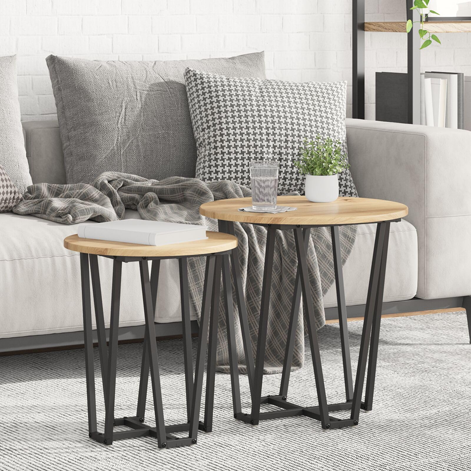 SXZenSpace 869725 Side Table Set of 2 - Rustic Oak Engineered Wood with Metal Modern Nightstand End for Home Bedroom Living Room Easy Assembly Hallway Coffee