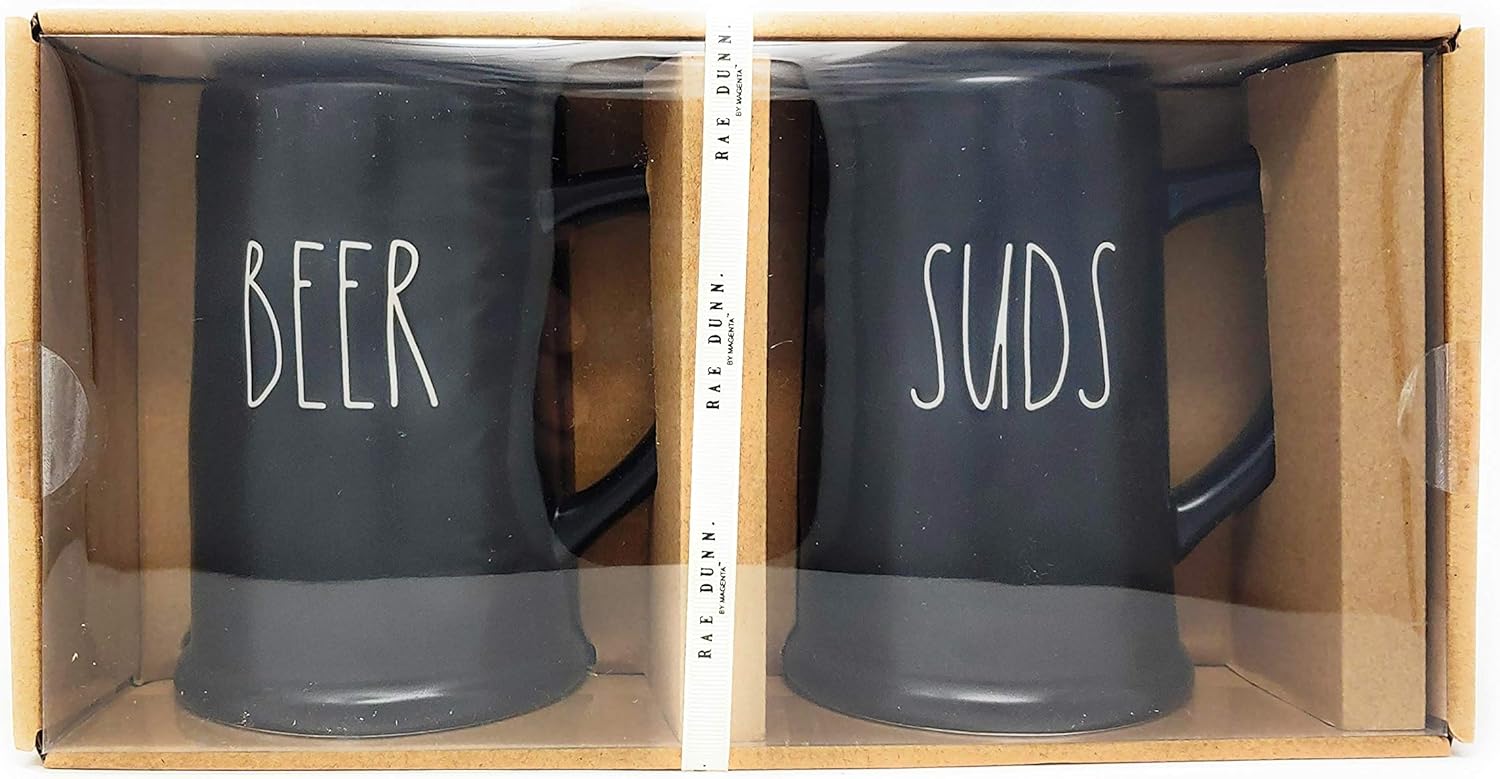 Rae Dunn by Magenta, Unique with Perfect Imperfections. Beer, SUDS - Black Mugs, White LL, Set of 2, 20oz
