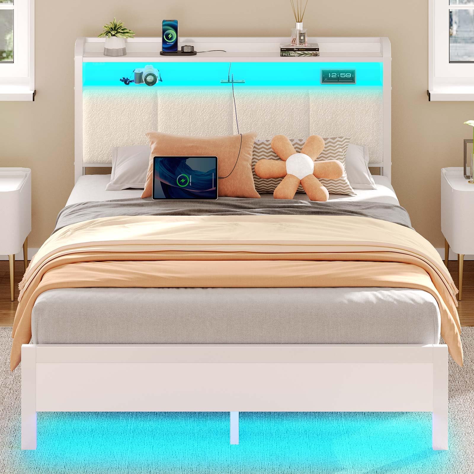 Rolanstar Bed Frame Full Size with Charging Station and LED Lights, Upholstered Headboard with Storage Shelves, Heavy Duty Metal Slats, No Box Spring Need, Noise Free, Easy Assembly, White