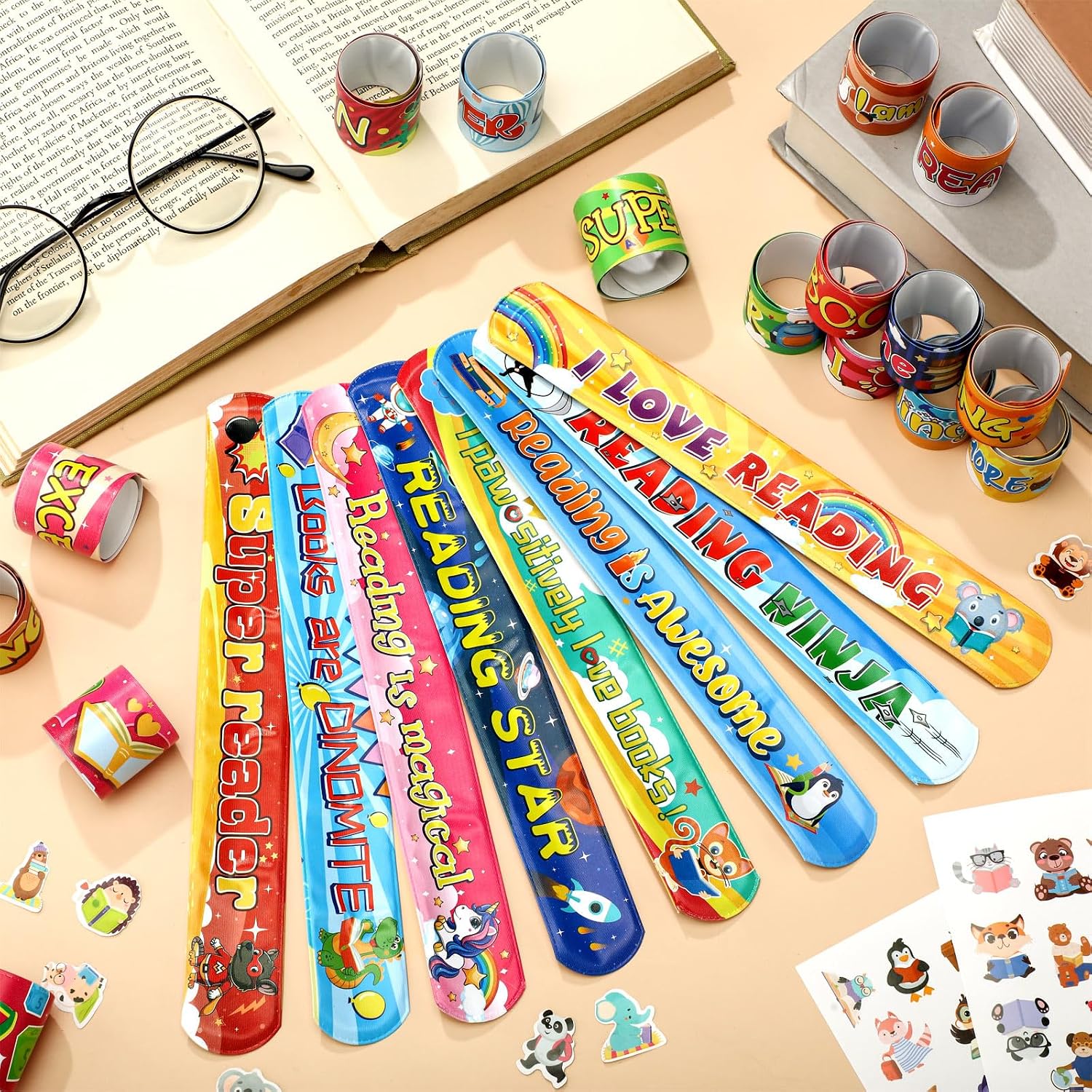 320 Pcs Love to Read Slap Bracelets Party Favors for Kids Bulk Include 120 Inspirational Read Bracelets with 200 Book Stickers for Classroom Rewards Teacher Awards Prize School Gifts
