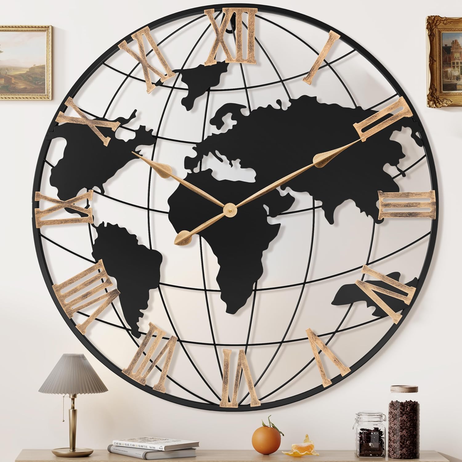 36 Inch Extra Giant Oversized Black Metal Wall Clock,Large Modern Decorative Silent World Map Wall Clock with Vintage Gold Roman Numeral for Living Room,Entrance Fireplace,Dining Room Decor Gold Roman 36 inch