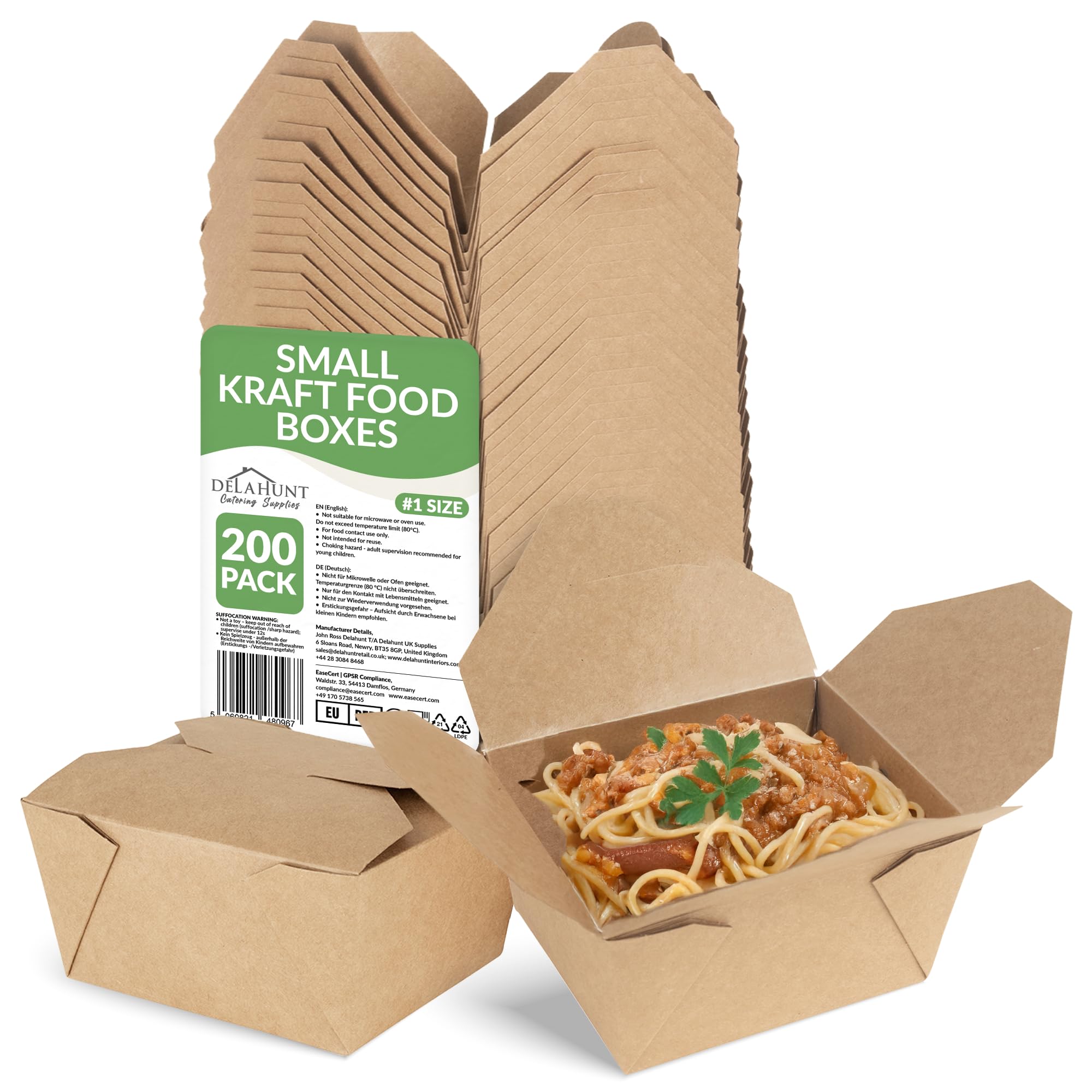 No.1 Kraft Food Boxes 750ml [200 Pack] - Disposable Cardboard Takeaway Boxes with Lids for Hot Food, Meals, Salads & Pastry | FSC-Certified, Leakproof, BPA-Free, Recyclable Small Deli Box Containers