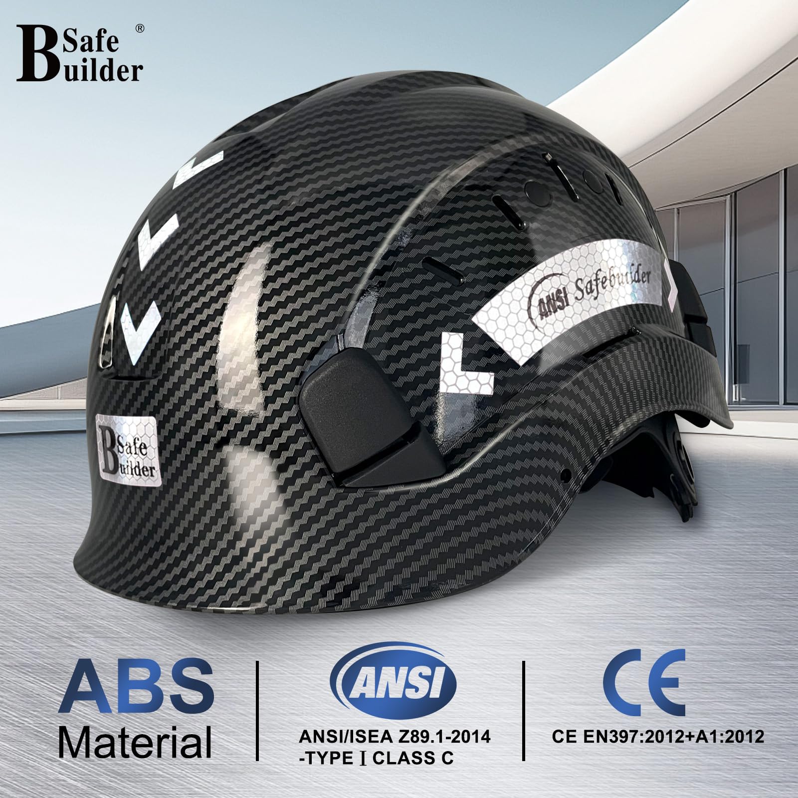 SAFEBUILDER Casco rigido da costruzione per ingegnere ventilato con scanalatura casco di sicurezza sul lavoro design industriale in fibra di carbonio cricchetto regolabile 6 punti sospensione ANSI