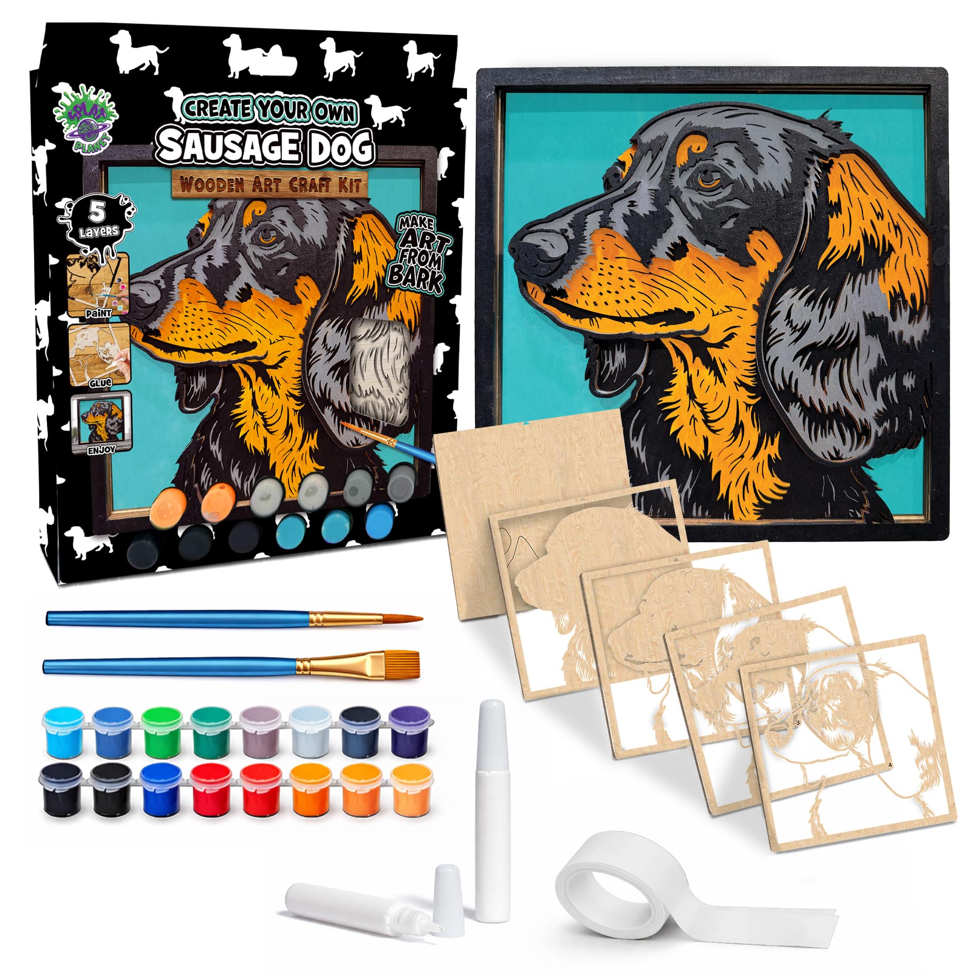 Splat Planet – Sausage Dog 3D Wooden Art Kit – Paint Your Own 3D Layered Wood Wall Art for Kids & Adults, DIY 3D Art Lion Wood Painting Kit Wooden Art and Craft Gift Set, 25 x 25cm