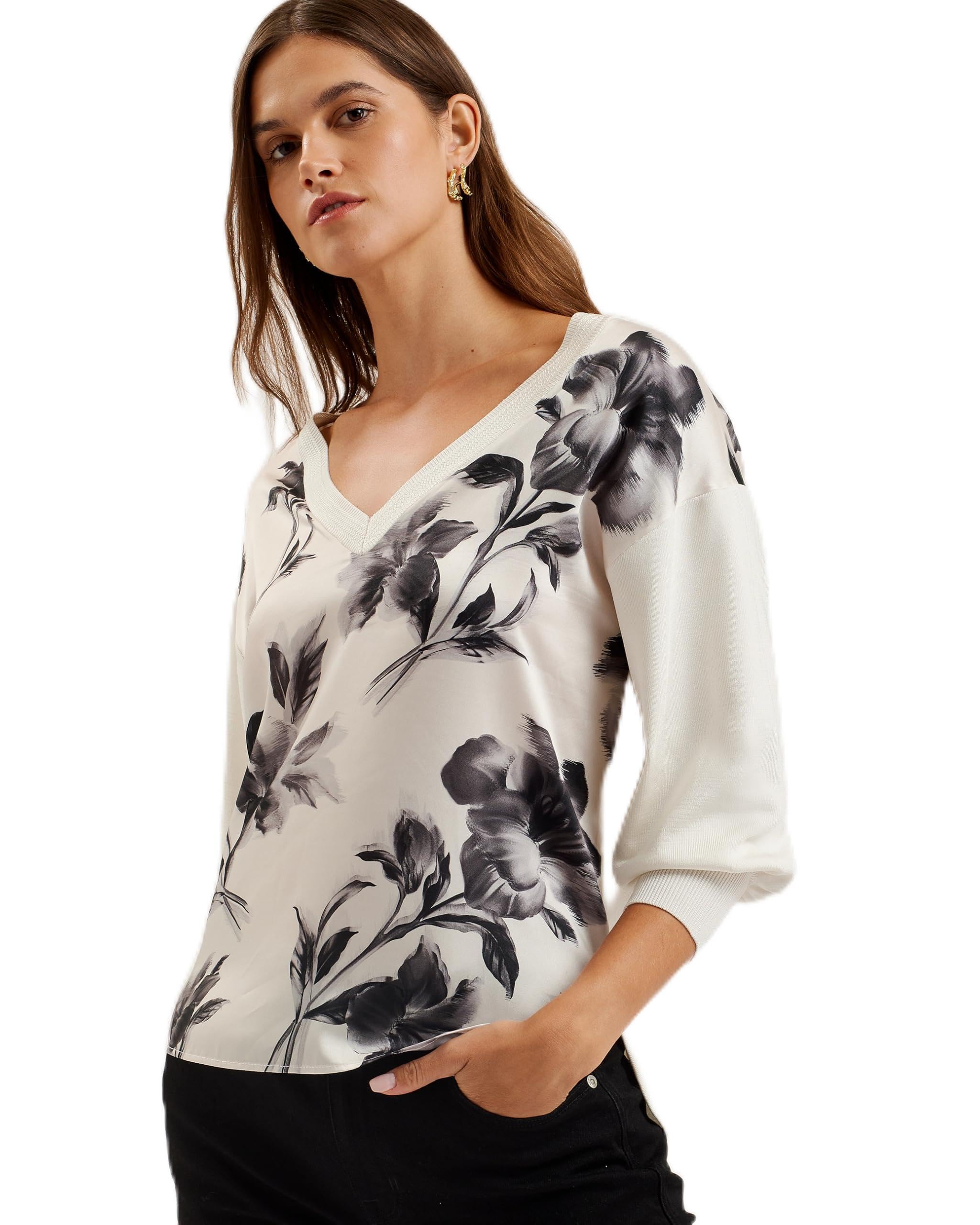 Ted Baker WMK-JOIEE-V Neck Printed Woven Front Jumper Ivory