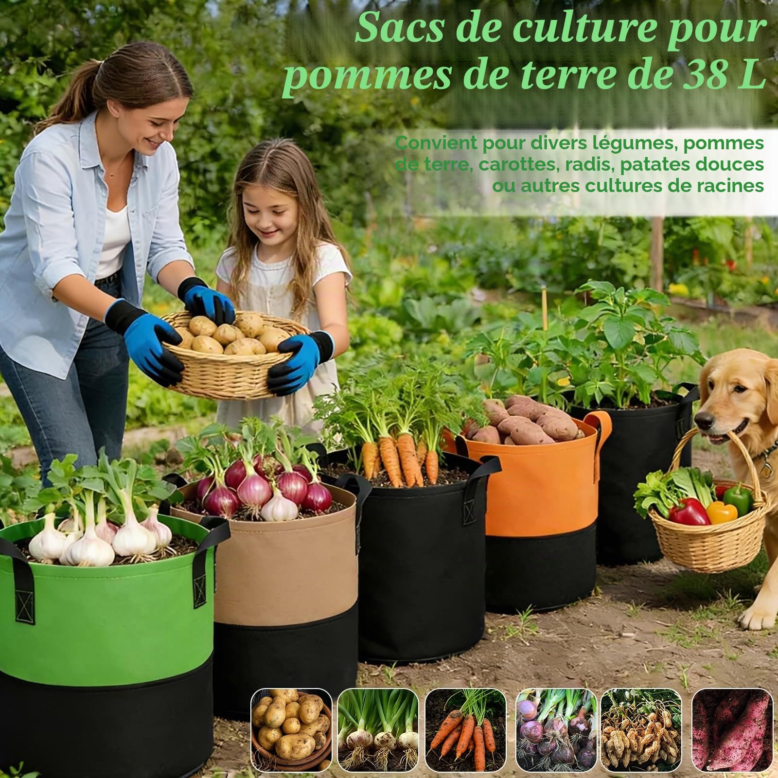 Sac de Plantation Lot de 3, Sacs à Patates de 10 Gallons avec Gants Tapis de Jardin et étiquettes Plantes, Sacs de Plantation pour Pommes de Terre, Légumes et Fleurs au Jardin et à l'extérieur