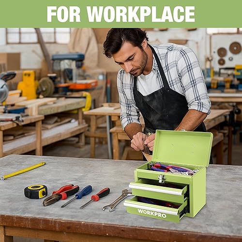 Miniatura 6 de WORKPRO Mini caja de herramientas portátil, 2 cajones de metal con rodamientos de bolas, almacenamiento superior con pestillo, mango de transporte