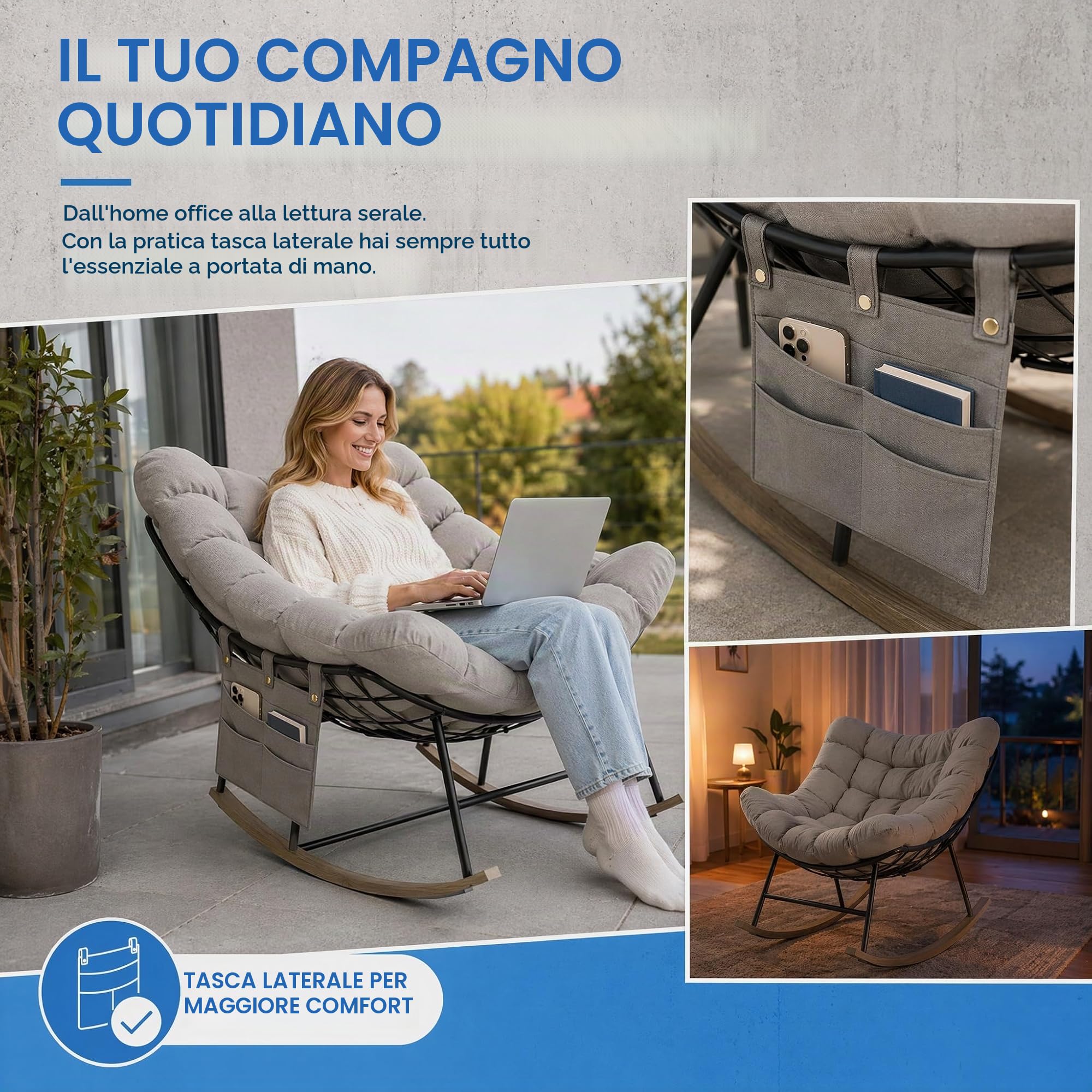 Sedia a Dondolo Esterno Oversize con Tasca Laterale per Soggiorno, Giardino | Poltrona a Dondolo Relax con Cuscino Imbottito, Struttura in Acciaio Portata 150kg Ergonomica per Interno, Camera da Letto