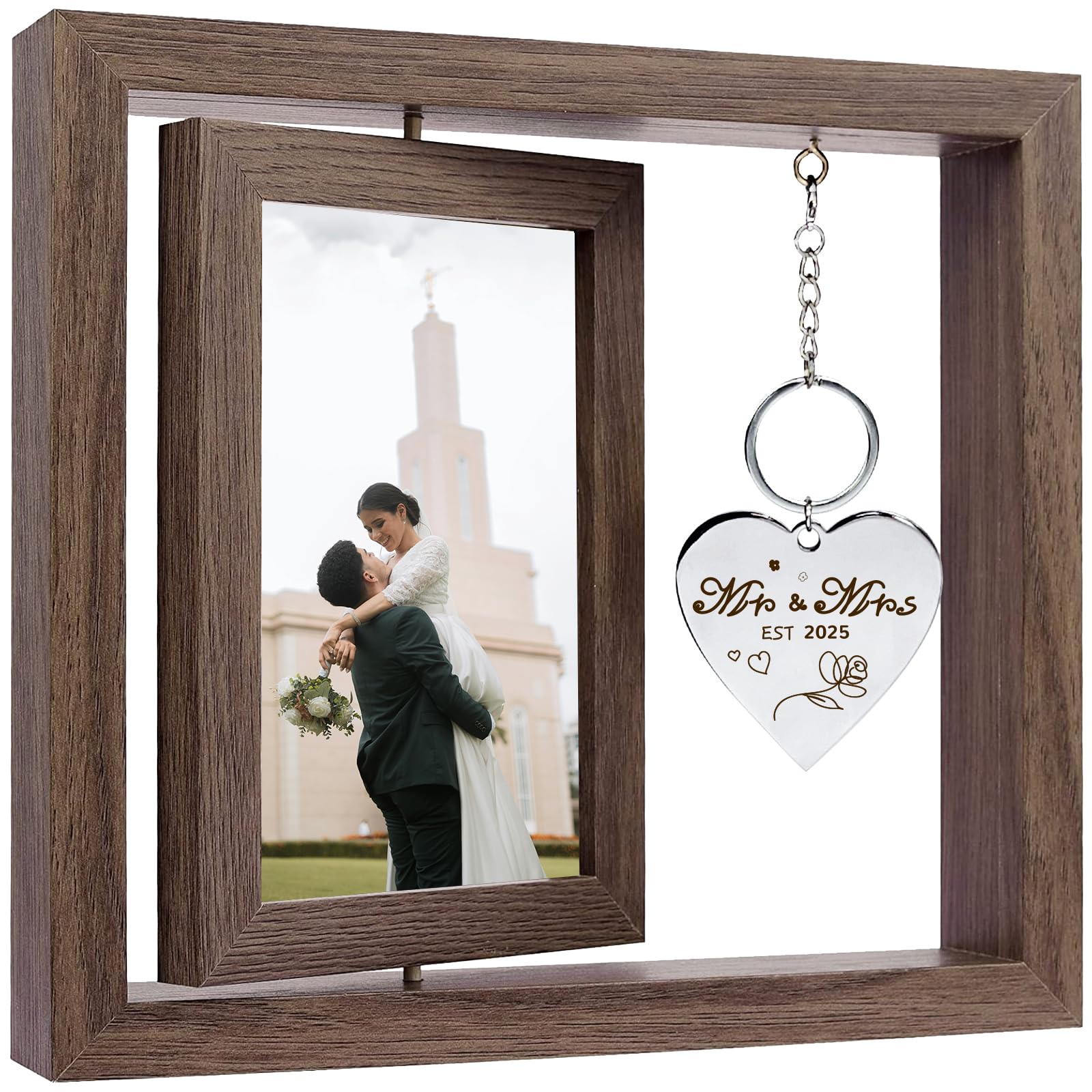 Wedding Gifts for Couples 2025,Rotating Floating Mr and Mrs Picture Frame,4x6 Rustic Picture Frame Engagement Gifts for Couples,Bridal Shower Gift for Bride to Be
