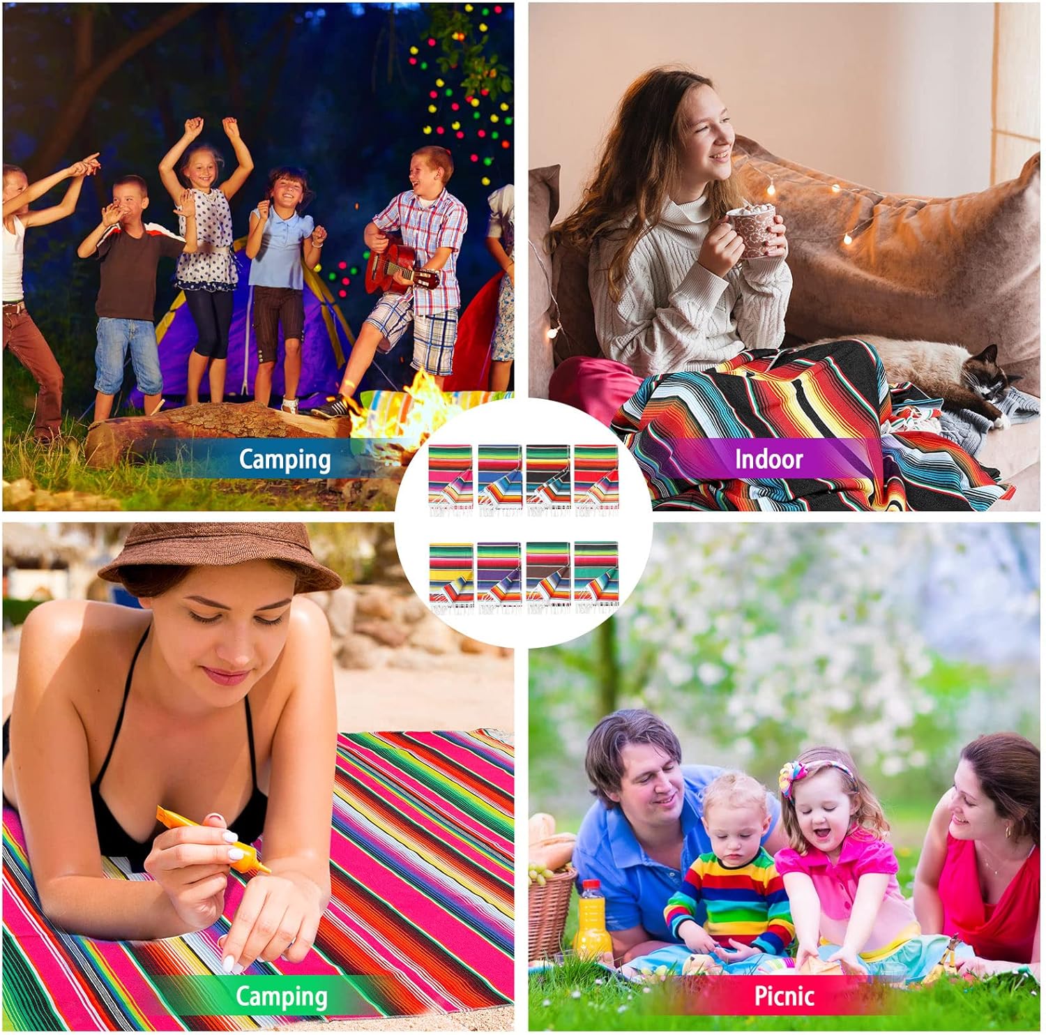 Tatuo 8 Pcs Large Mexican Blankets Bulk Authentic Mexican Serape Blanket Mexican Striped Throw Blanket Colorful Fiesta Beach Blanket Fringe Cotton Yoga Blanket for Home Office Outdoor Camping Picnic