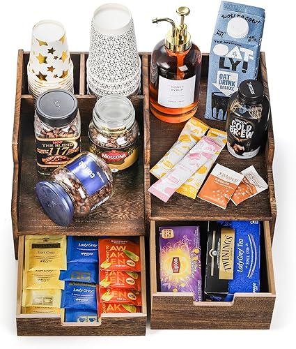 Miniatura 3 de Goaste Organizador de estación de café con 2 cajones, organizador de accesorios de barra de café de madera, soporte de almacenamiento para encimera