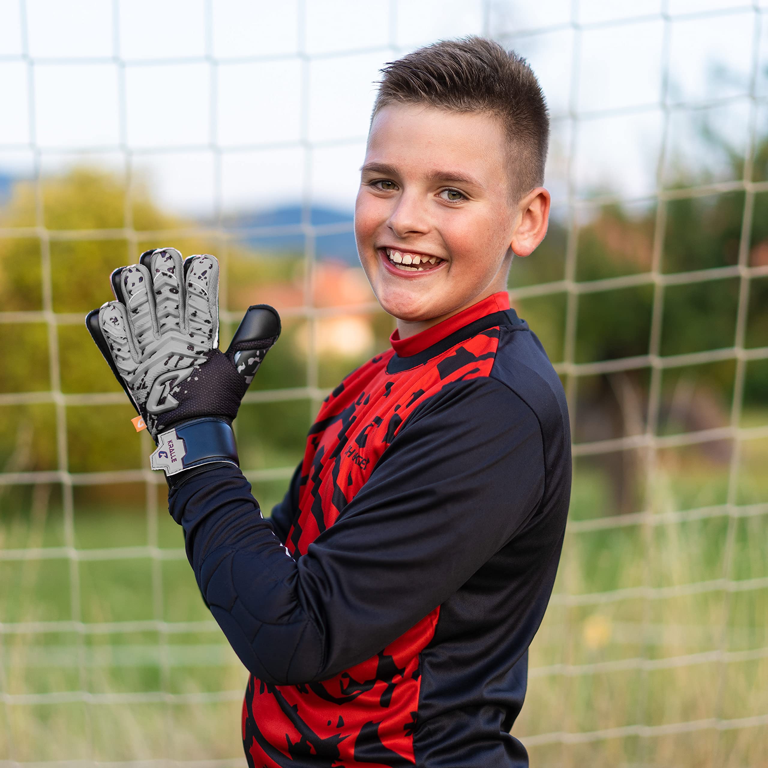 Catch & Keep Kralle Junior Pro 3.0 Torwarthandschuhe - Professionelle Fußballhandschuhe für Kinder, Falcon Grip Ultra Strong - Optimale Passform für Kinder (Splash Kralle Grau/Schwarz, 4)