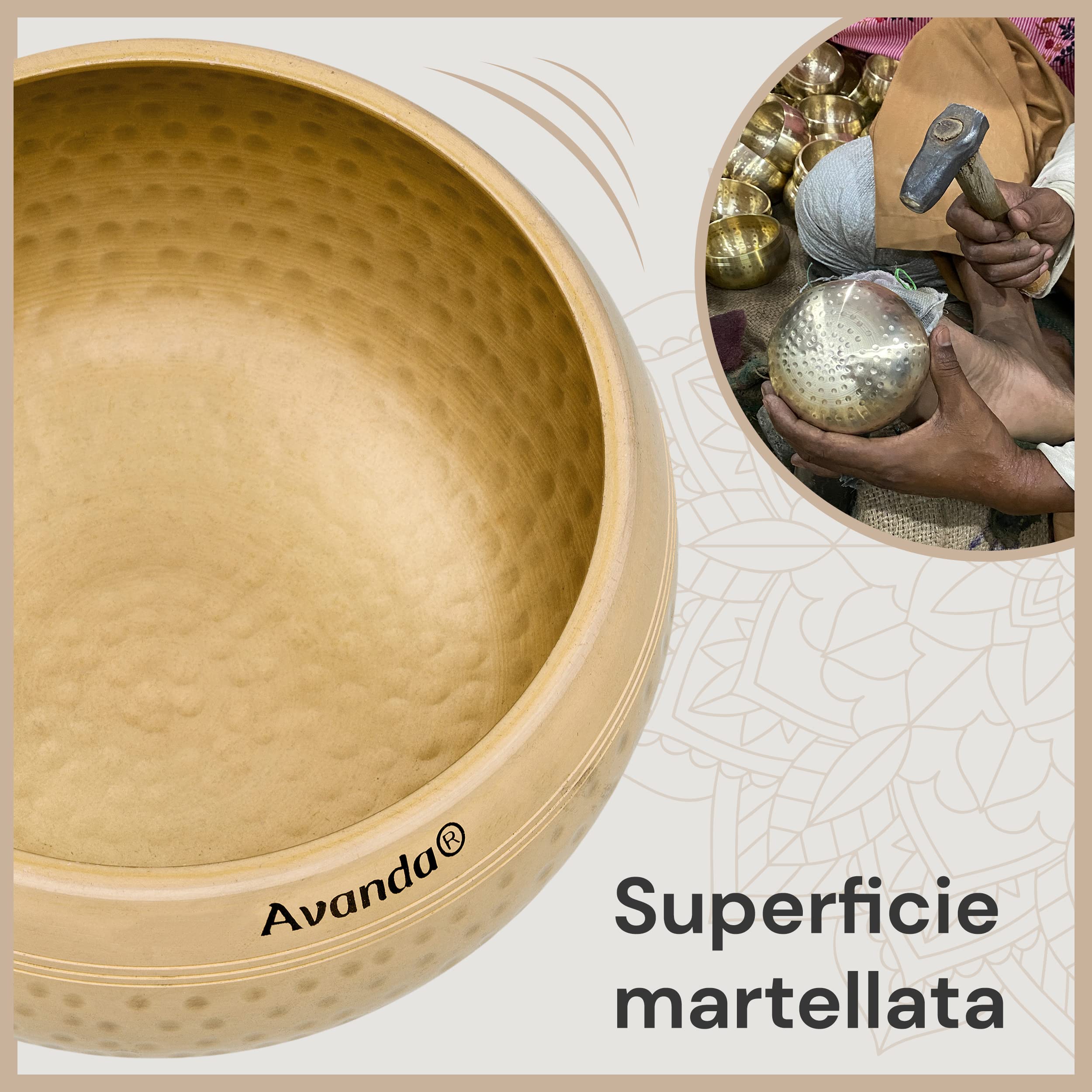 Set Campane Tibetane per Yoga, Meditazione e Relax - Campana Tibetana Martellata Ø 13,5 cm, Doppio Battitore con Feltro e Pelle, Cuscino per Anelli, Borsa e Istruzioni
