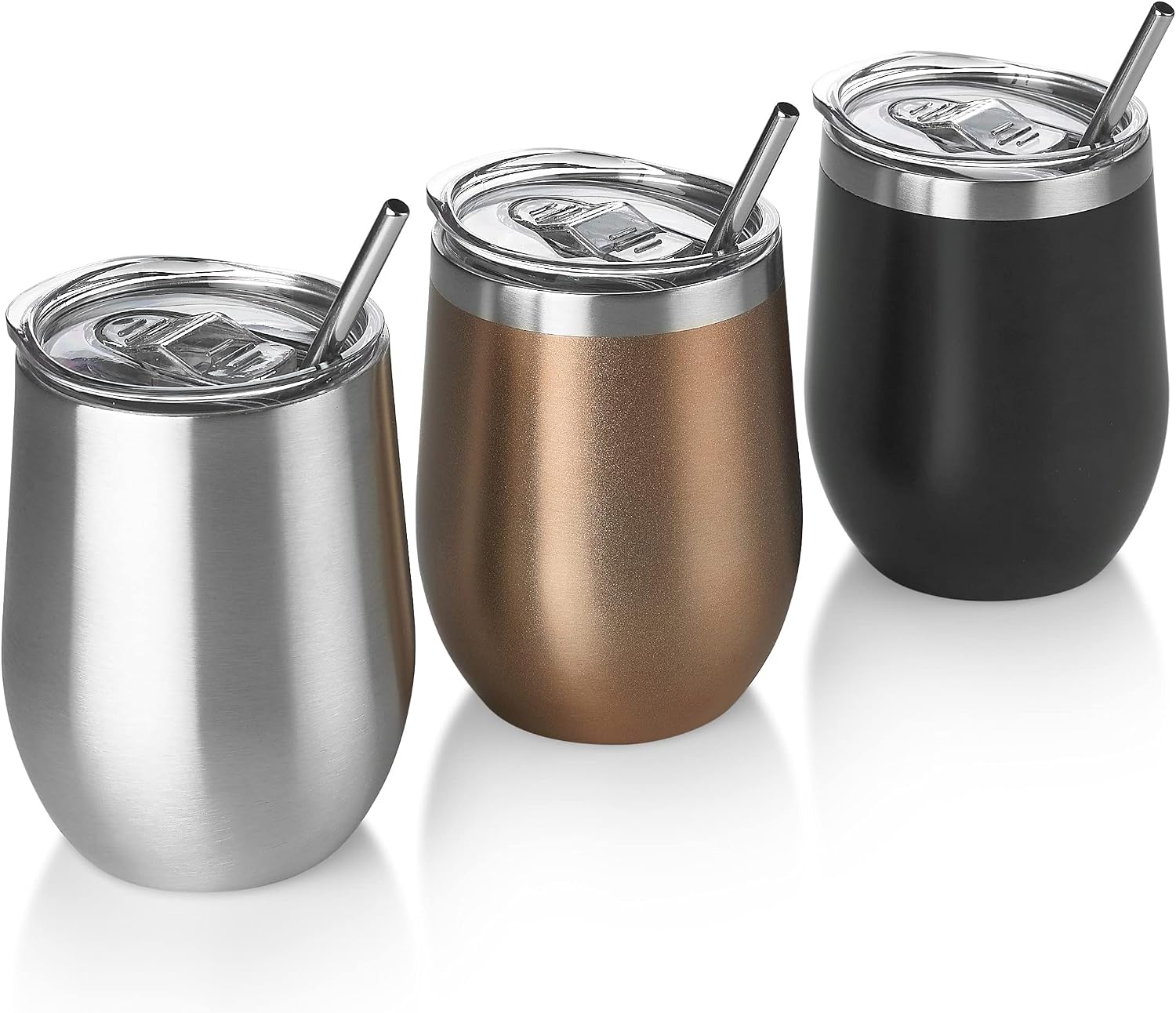3 Skinny Tumbler 3 Pack - 12 oz Wine shape Stainless Steel Insulated Reusable Tumbler with Lids and Straws Plus Cleaning Brush – For Hot and Cold Drinks