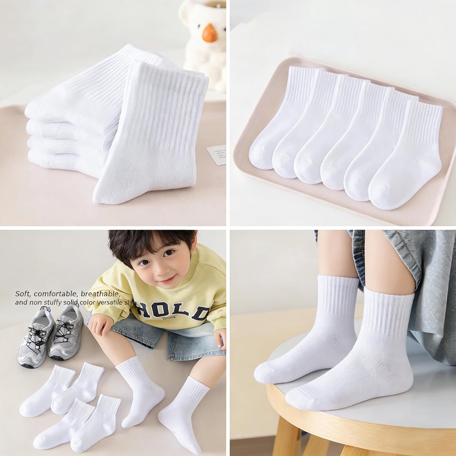 5 Pack Kids White Crew Socks for Boys Girls 5-8 Years, Breathable & Soft School Socks and Daily Wear