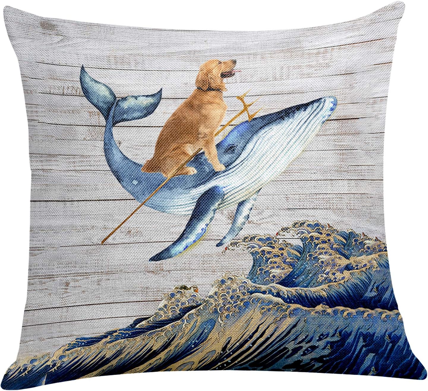 Yuzi-n Funny Aquadog The Golden Rides a Whale Dog Pillow Covers Home Decoration - Golden Retriever Gifts for Women Men Dog Lover Room Sofa Couch Decor 18 x 18 Inch