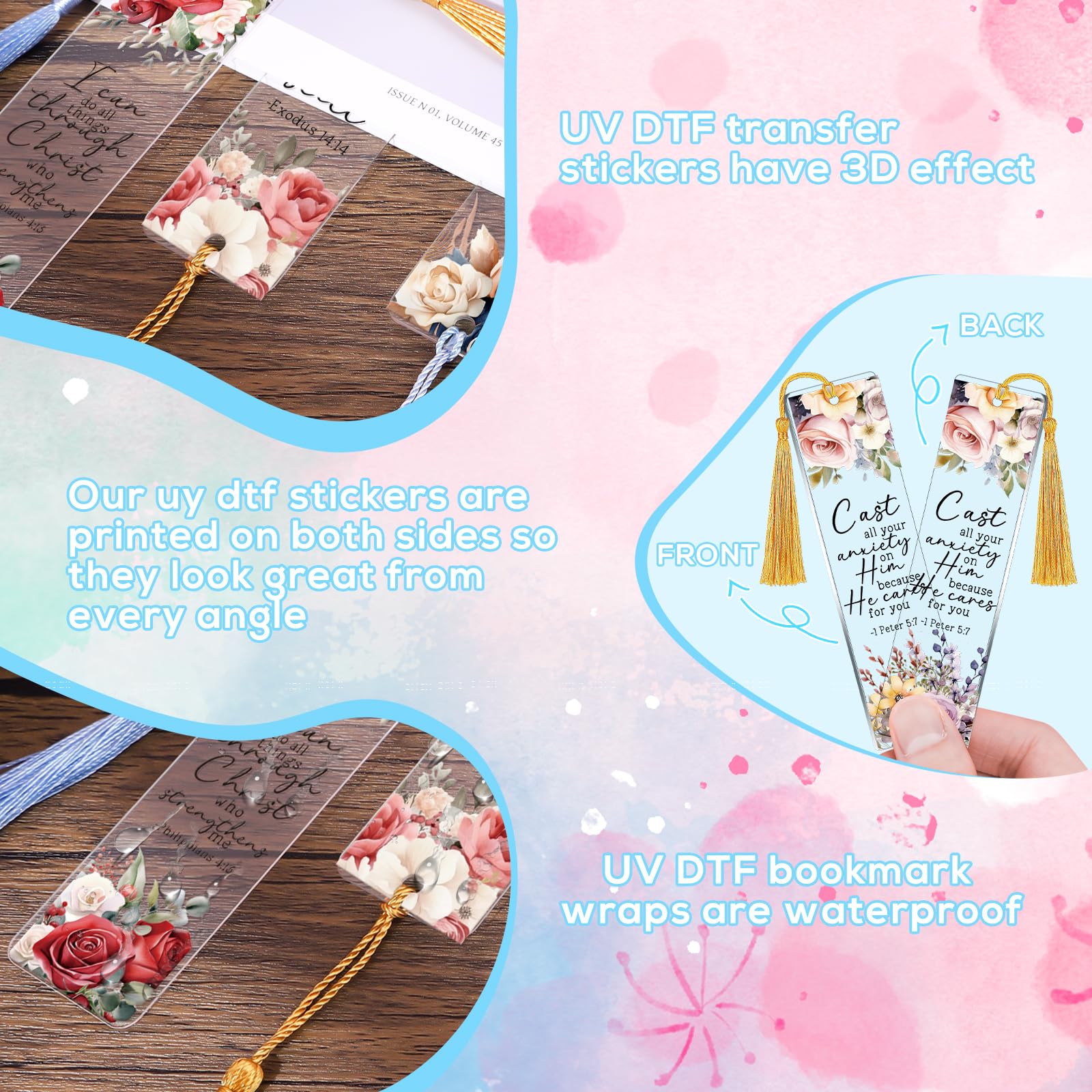 Marcapáginas UV DTF – 24 hojas de calcomanías UVDTF con versículo bíblico para marcadores acrílicos, impresión de doble cara, flores cristianas, calcomanías de transferencia afirmativa para
