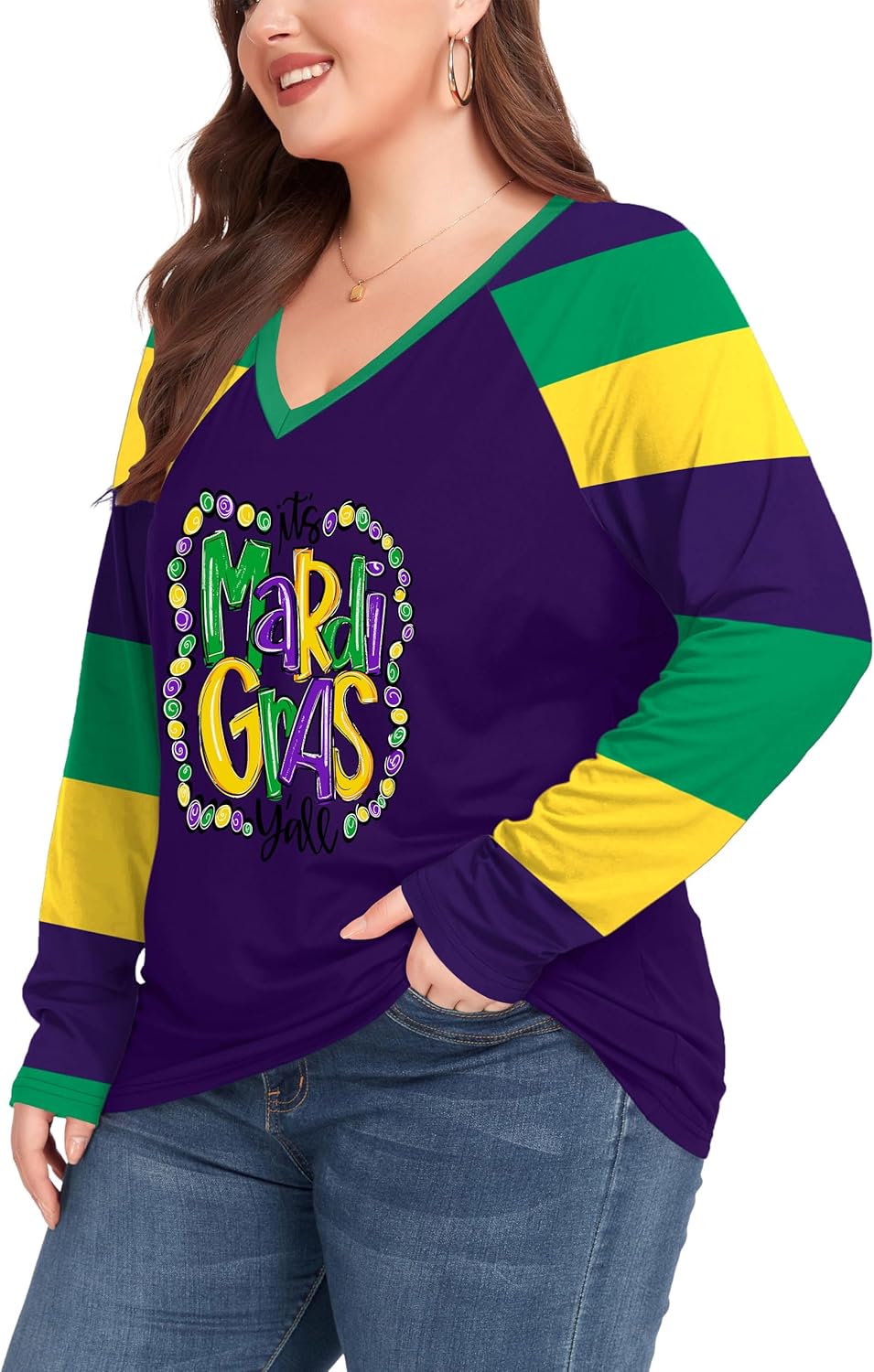 Plus Size Mardi Gras Shirt: Fat Tuesday Carnival Vneck Tshirt Carnival Outfit Long Sleeve Tops - Image 4