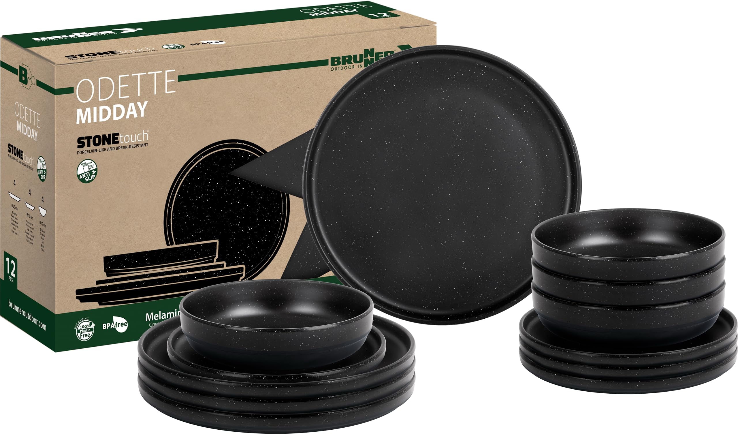 Brunner Odette Stonetouch Melamine Caravan Dinner Set, Anti Slip Outdoor Tableware Set, Lightweight Break Resistant Plates Bowls & Mugs - Motorhome, Campervan (Odette Double Black, 12 Piece Set)