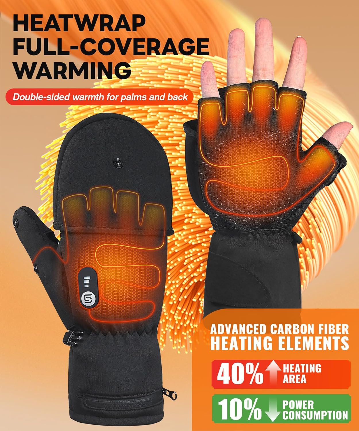 Heated Gloves for Men Women Rechargeable with 7.4V 3000mAh Battery Waterproof Fingless Heated Mittens for Winter Work Typing with Light-Off Design - Image 3