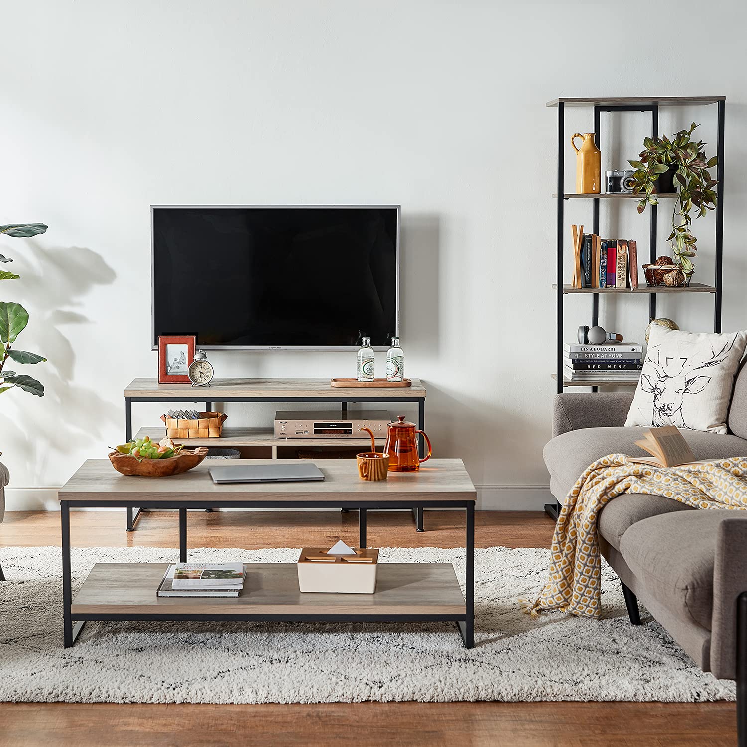 LINSY HOME TV Stand for up to 55" TV, 3Tier Open Storage Shelves Entertainment Center