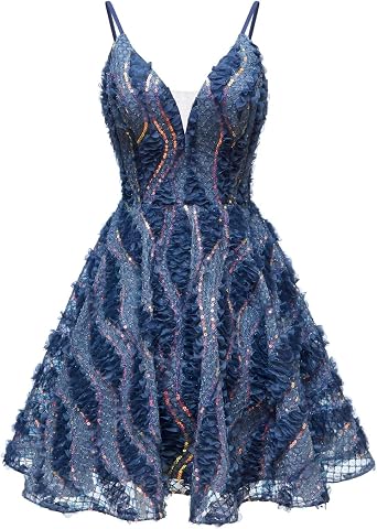 Short Spaghetti Straps V Neck Homecoming Dresses 2024 Empire Waist A Line Sequins Cocktail Gowns SF052