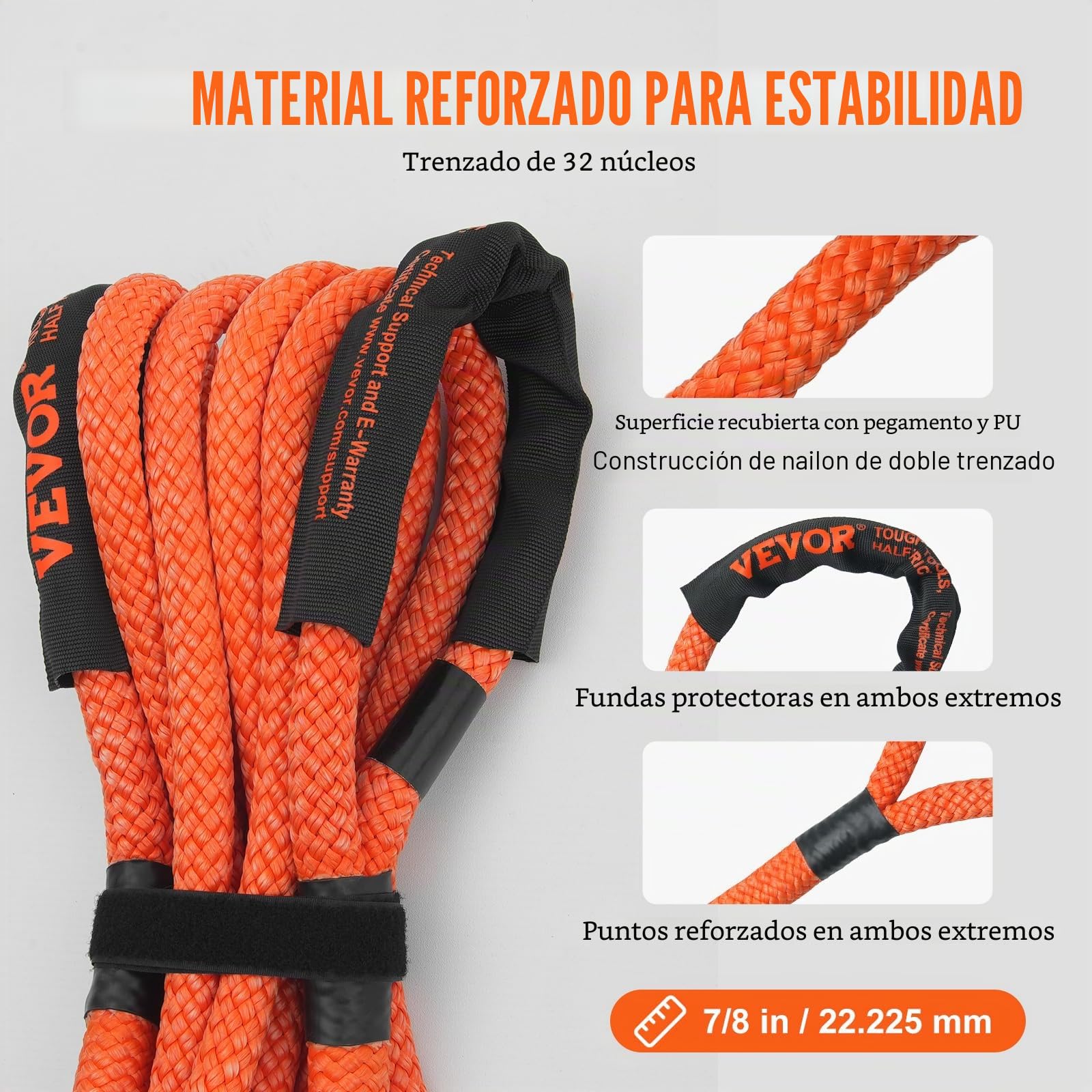 VEVOR Cuerda de Remolque de recuperación cinética de 7/8 Pulgadas x 20 pies, 30 Libras, Correa de Arranque Todoterreno Resistente, 30% de Elasticidad, Correa de Arranque de energía para Jeep, Coche,