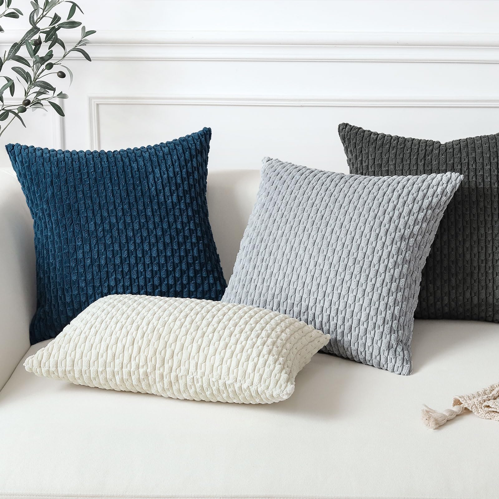 Sungeek Set of 2 Blue Soft Corduroy Decorative Cushion Covers Boho Striped Throw Pillow Covers for Sofa Couch Living Room Patio Farmhouse Home Decor Pillowcases 45x45cm - Image 4