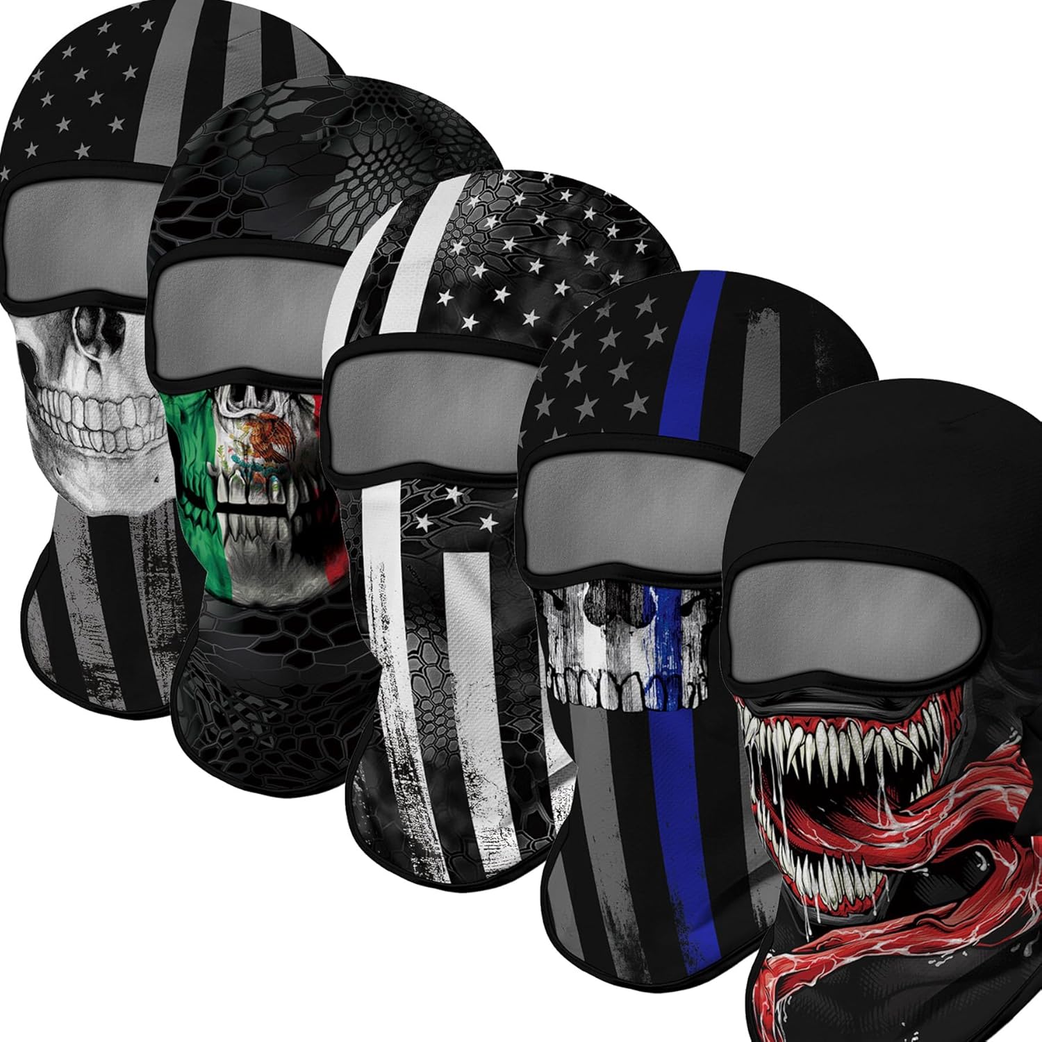 Red Plume 5PCS Ghosts Skull Print Balaclava Full Face Ski Mask UV Protection for Motorcycle Riding Outdoor Sports Men & Women