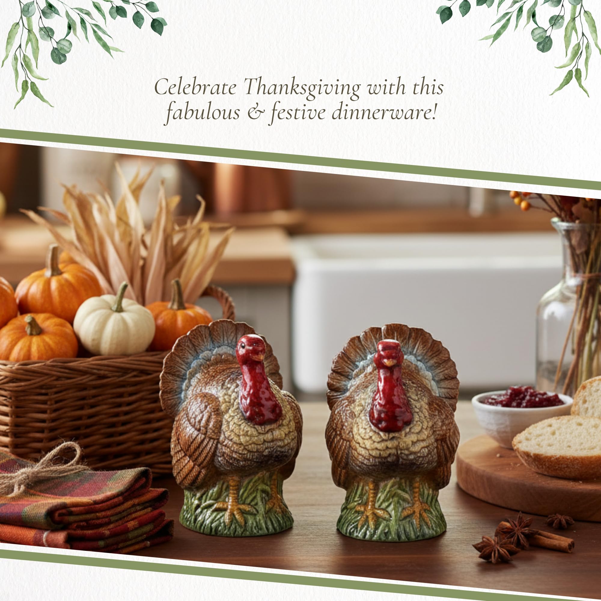 Spode Salero y pimentero en forma de pavo de 3.5 pulgadas, decoración de granja de cerámica dolomita para comedor formal, juego decorativo de sal y pimentero con tapones inferiores de fácil recarga,