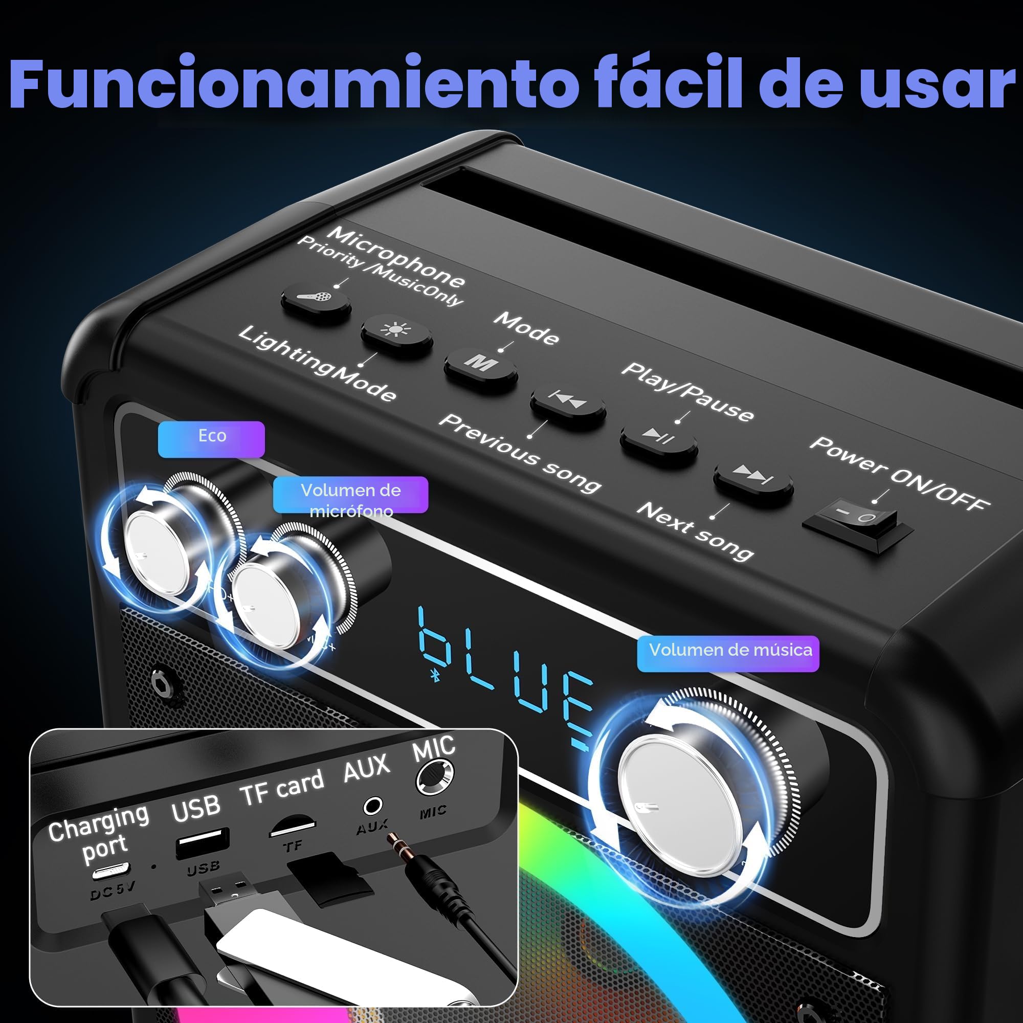 Ankuka Karaoke, Karaoke 2 Microfonos Inalambricos, 15W Sistema PA para Adultos y Niños con Luces LED, Soporta TWS/Rec/FM/AUX/USB/TF para Fiesta en Casa