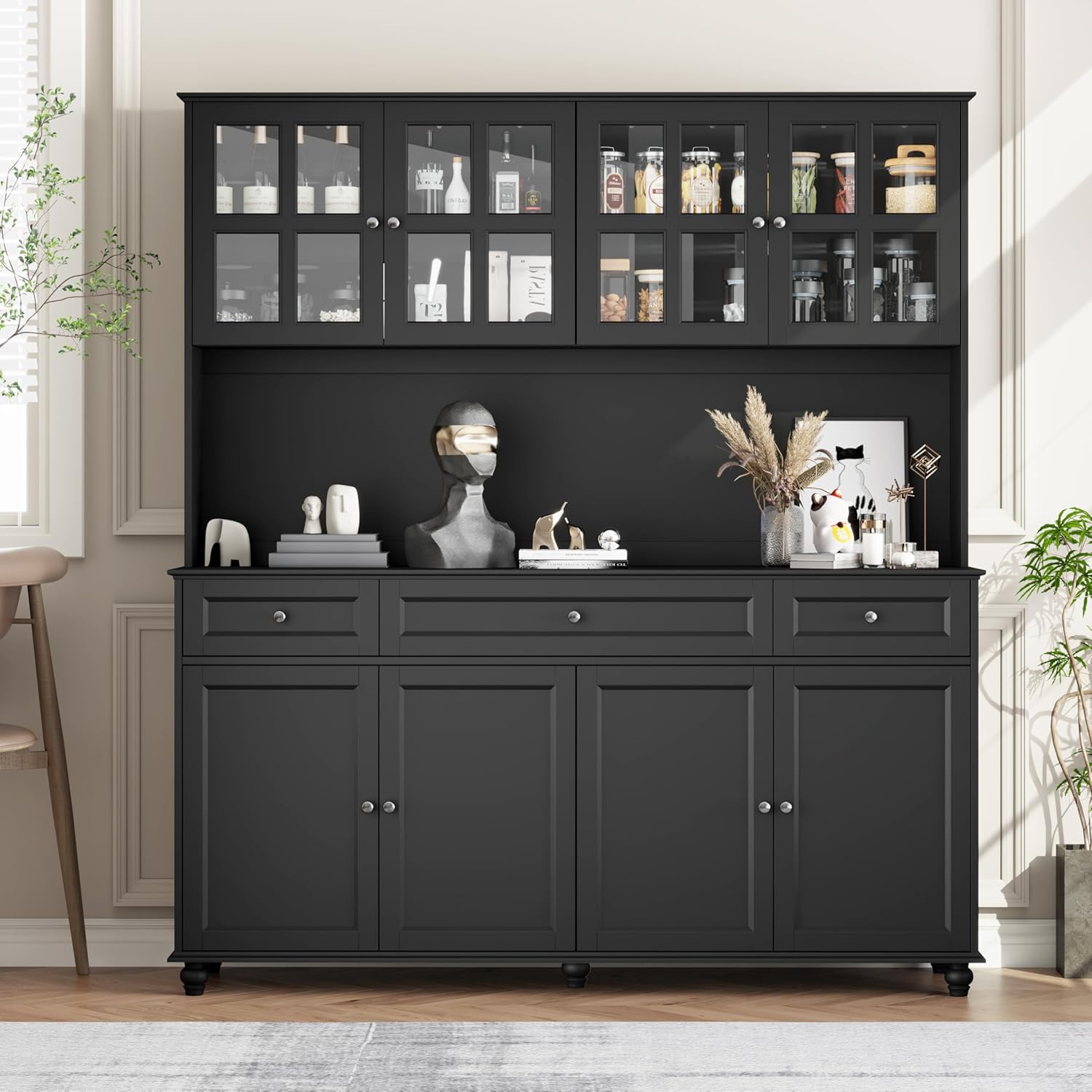 Loomie 71" Tall Kitchen Pantry Storage Cabinet, 63" Wide Kitchen Hutch Cabinet with Large Countertop, Tall Pantry with Drawers, Display Cabinets with Glass Door for Living Room(Black) (Black)