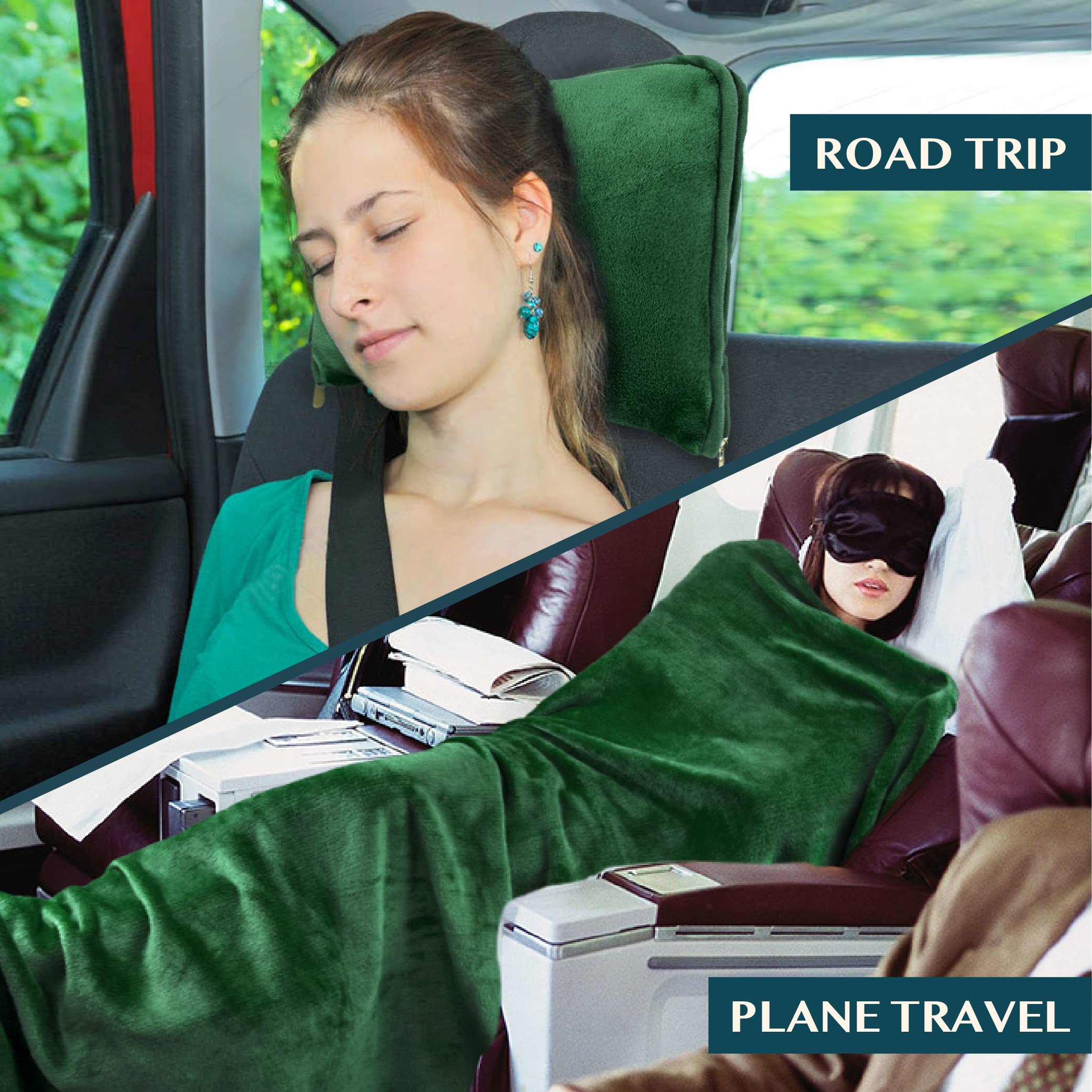 PAVILIA Coperta da viaggio per aeroplano, set combinato 2 in 1, coperta pieghevole per aereo, accessorio da viaggio per auto, idea regalo per viaggiatori con cinghia per bagaglio/zaino, 152 x 109 cm