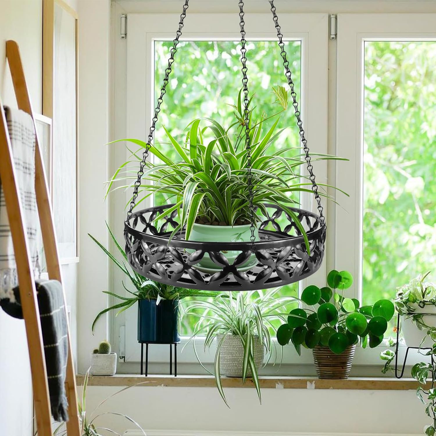 Plant Hanger, 2pcs Metal Hanging Plant Shelf Decorative Planter Flower Pots Holder for Indoor Outdoor, Modern Plant Hanging Basket for Balcony Porch Garden Home Decor, Black