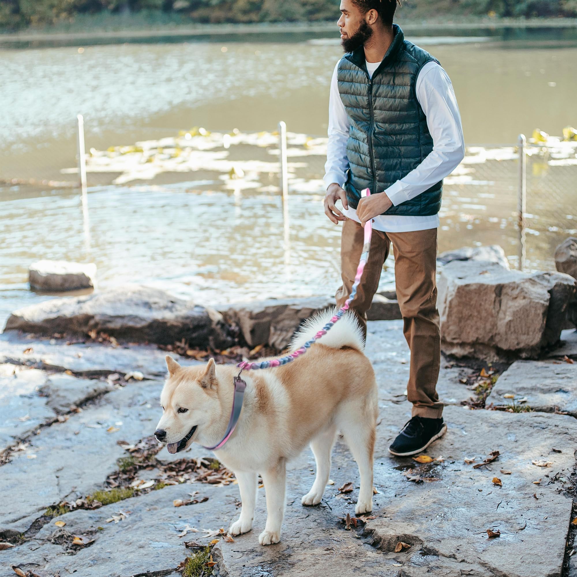 CAPASTEC Guinzaglio a Doppia Maniglia per Cani, Corda Elastico Nylon, Blu Rosa Gradiente, Lunghezza 110-160cm