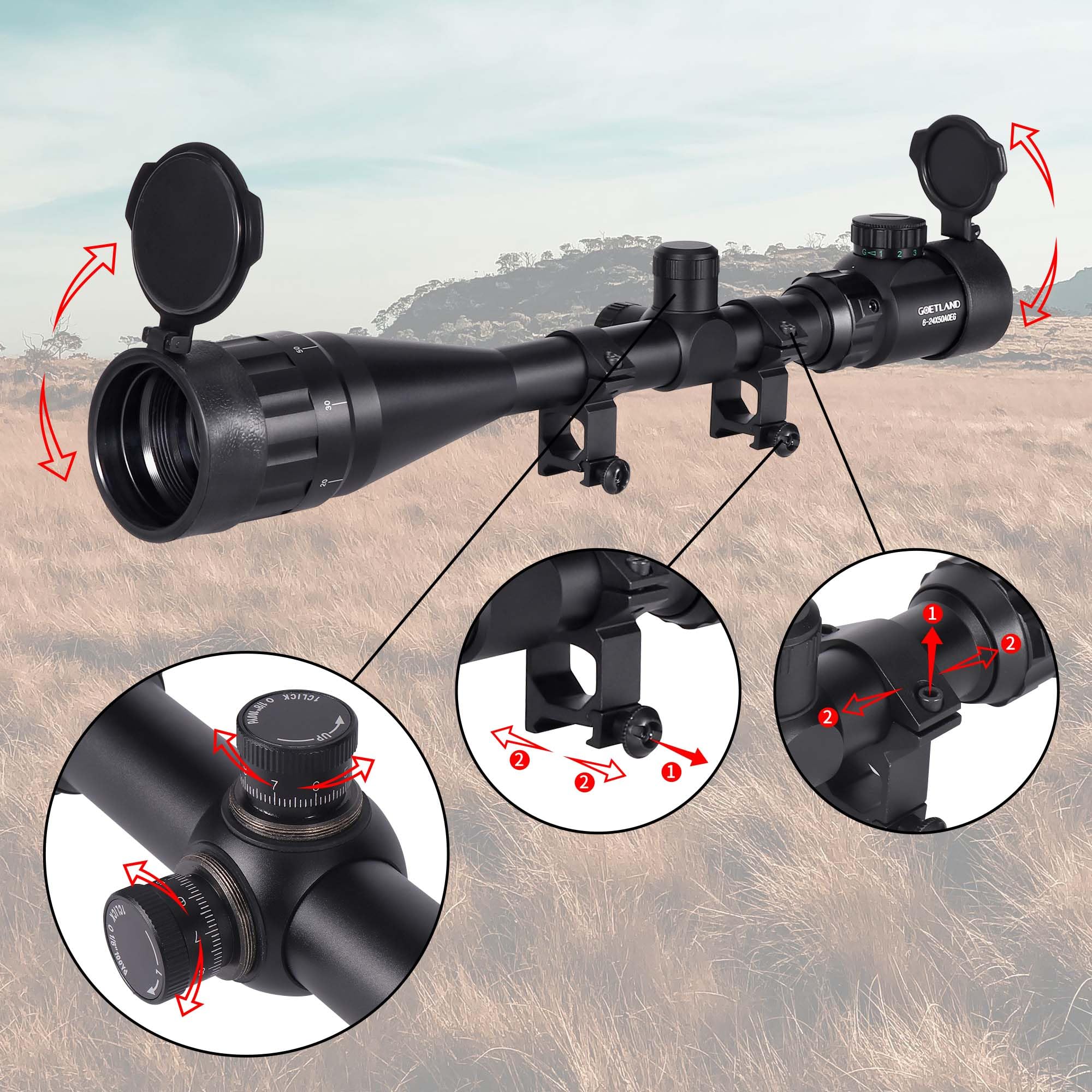 Goetland Lunettes de Visée 6-24x50 AOEG Telemetre Red Dot Rouge Vert Illuminé Rangerfinding SFP pour Tactique Chasse Airsoft Arbalète Carbine Tir Sportif