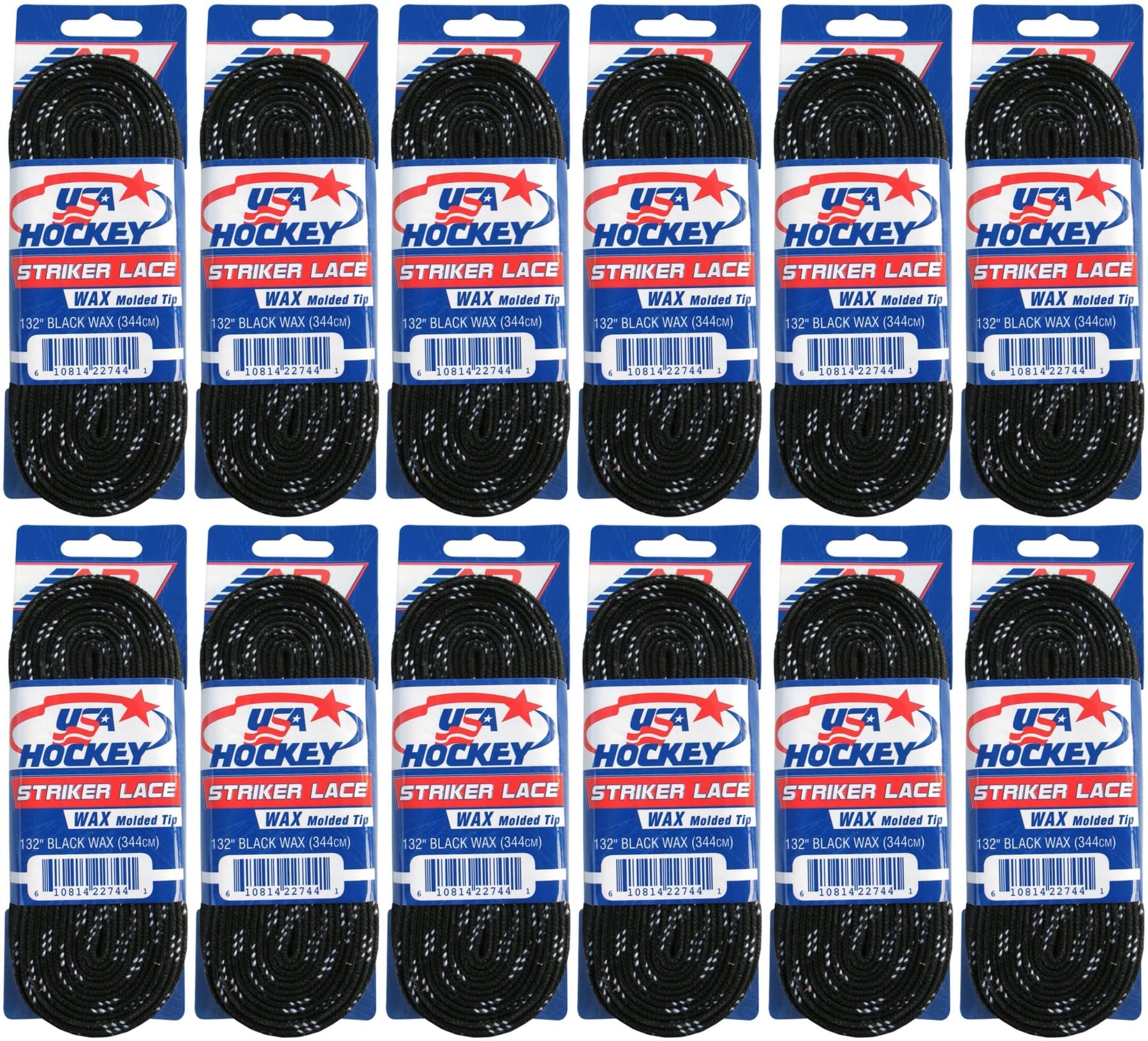 A&R New Dozen (12) Pair USA Hockey Striker Waxed Molded Tip Skate Laces Black