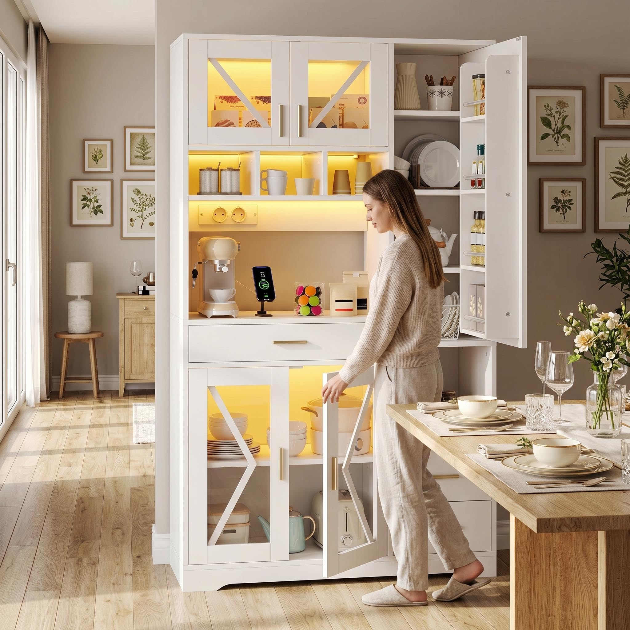 FurnitureR Küchenhochschrank, hoher Küchenschrank 105 x 40 x 185 cm, Weiß, MDF Vorratsschrank mit 5 Türen und 3 Schubladen, APP-LED, Steckdosenleiste, für Pantry, Kaffeeecke und offene Wohnküche