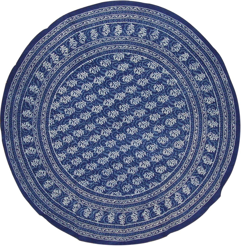 Block Print Round Tablecloth Indigo Blue Cotton Geometric Dabu Floral Design 72 inches Round