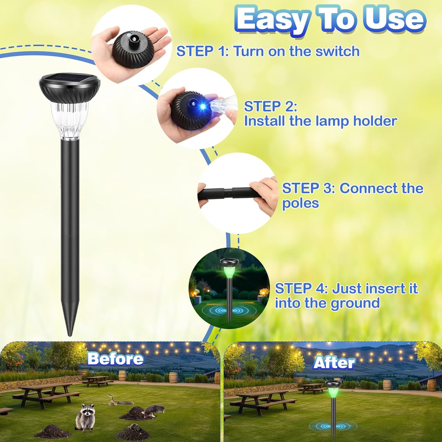 6 Pack Solar Ultrasonic Animal Repellent with RGB Color-Changing Lights, 360° Sonic Pest Deterrent for Outdoor Lawn & Garden, Solar Powered Mole, Gopher & Snake Repellent Stakes