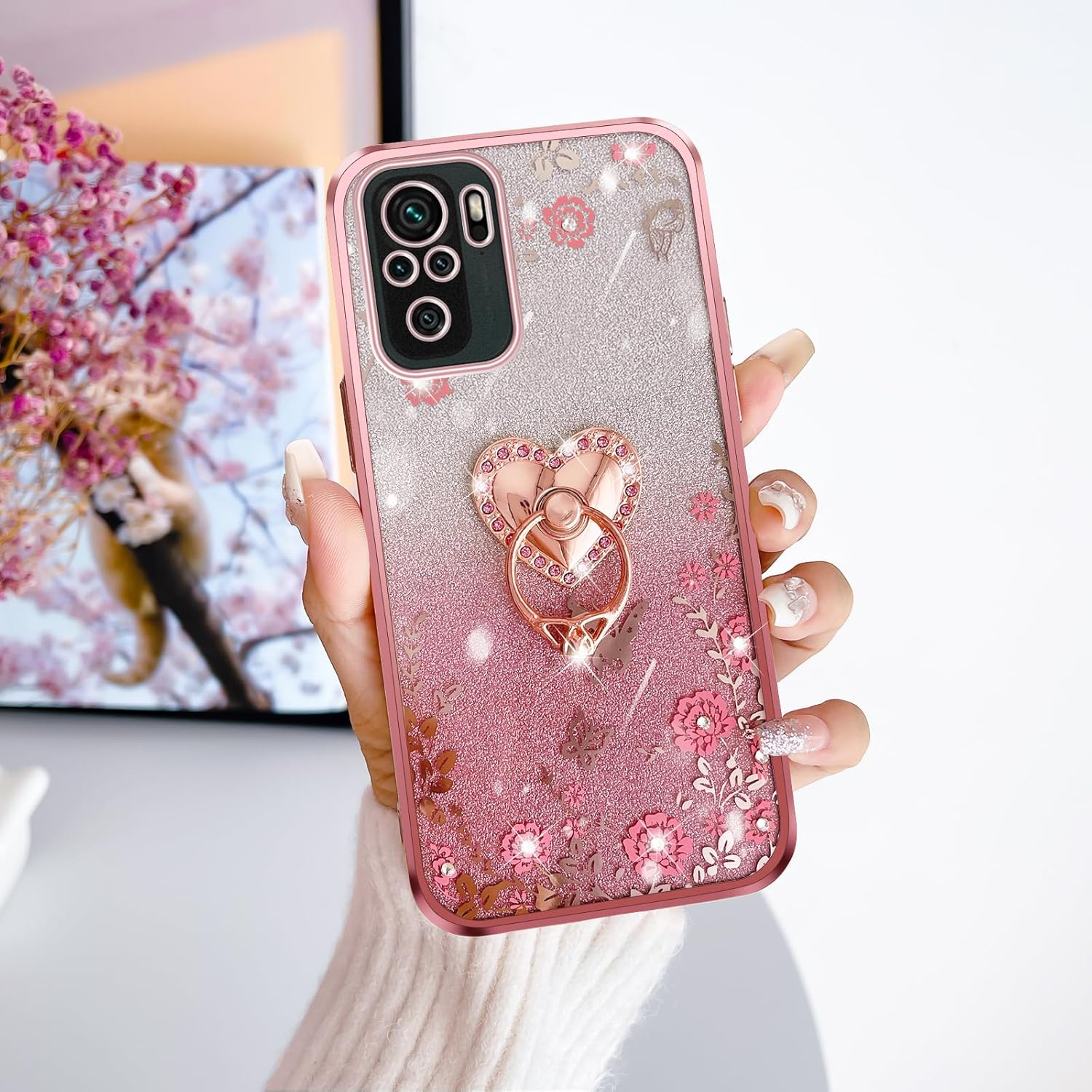 for Xiaomi Redmi Note 10 4G/Redmi Note 10S Case TPU Crystal Butterfly Heart Floral for Women Magnetic Shockproof with Kickstand & Protection Cover for Redmi Note 10 4G Case(Glitter Rose) - Image 6