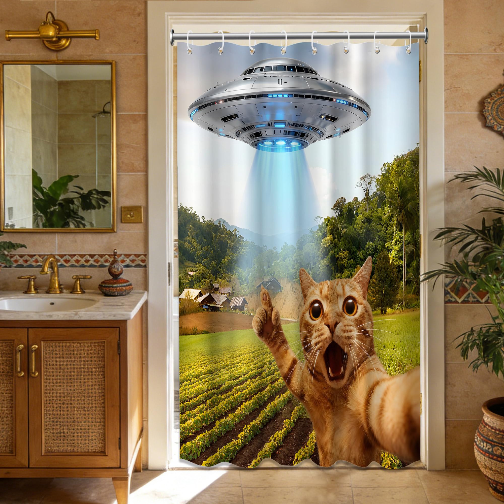 Small Stall Shower Curtain Rv Funny Cat UFO, 48 x 72 Inchs