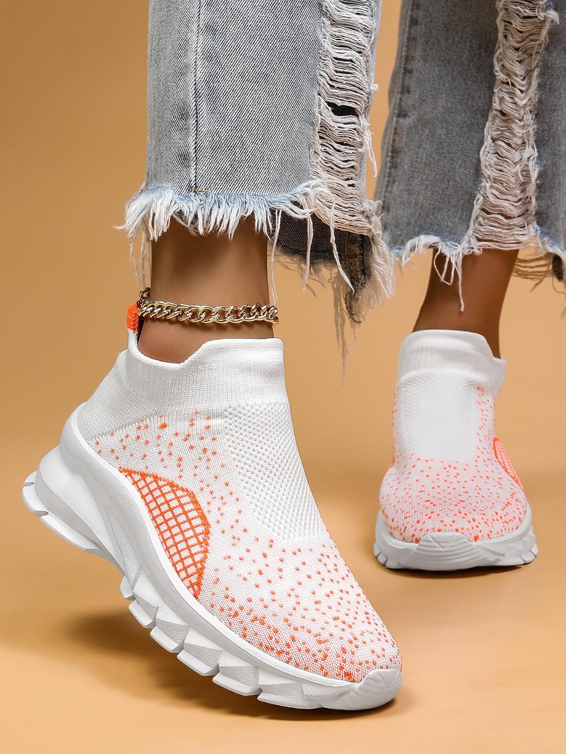 Women's White-Orange Knit Chunky Sneakers - Breathable Sock Sneakers with Wave Platform Sole for Casual Streetwear