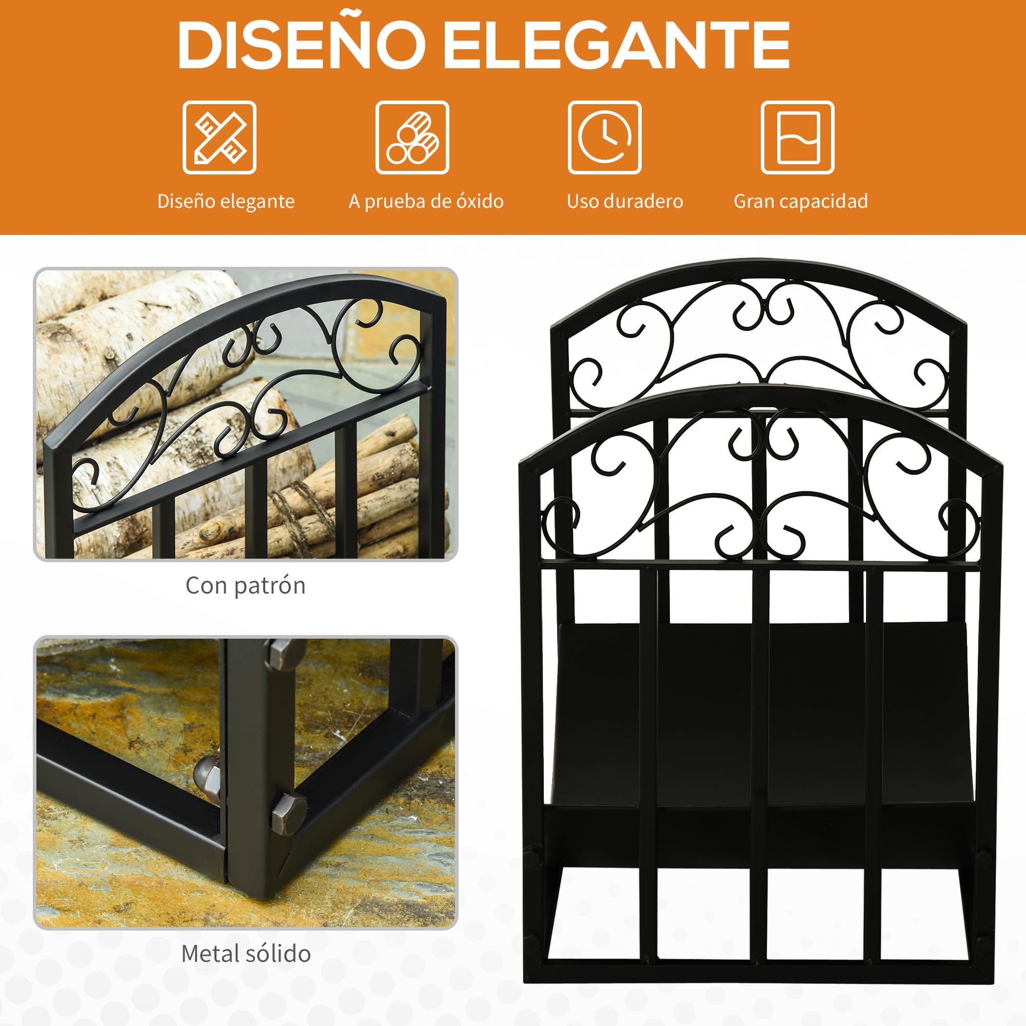 Outsunny Soporte para Leña Estante de Leña Leñero de Metal con Estante Curvo para Interior y Exterior 60,5x36x46,5 cm Negro