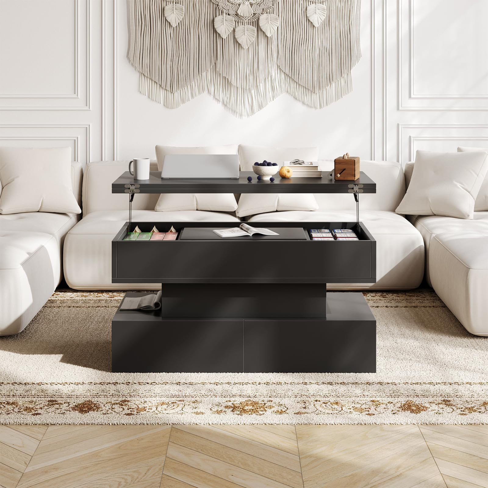 Mesa de Centro Elevable y Extensible, Mesa de Centro Salon con 3 Cajones y Espacio de Almacenamiento Oculto, Mesa de Café o Mesa de Comedor, Adecuada para Sala y Oficina, Negro
