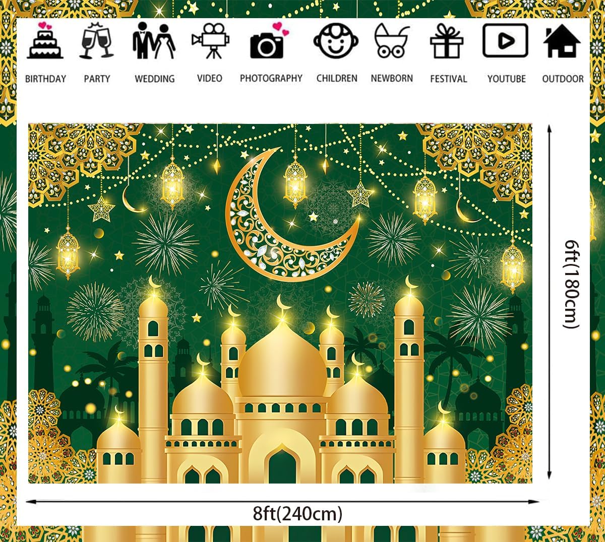 Eid Mubarak Backdrop, Muslim Ramadan Party Decorations Background Green Gold Happy Mubarak Banner for Home Muslim Eid Party Supplies (Green, 8x6FT: 96x72 inch)