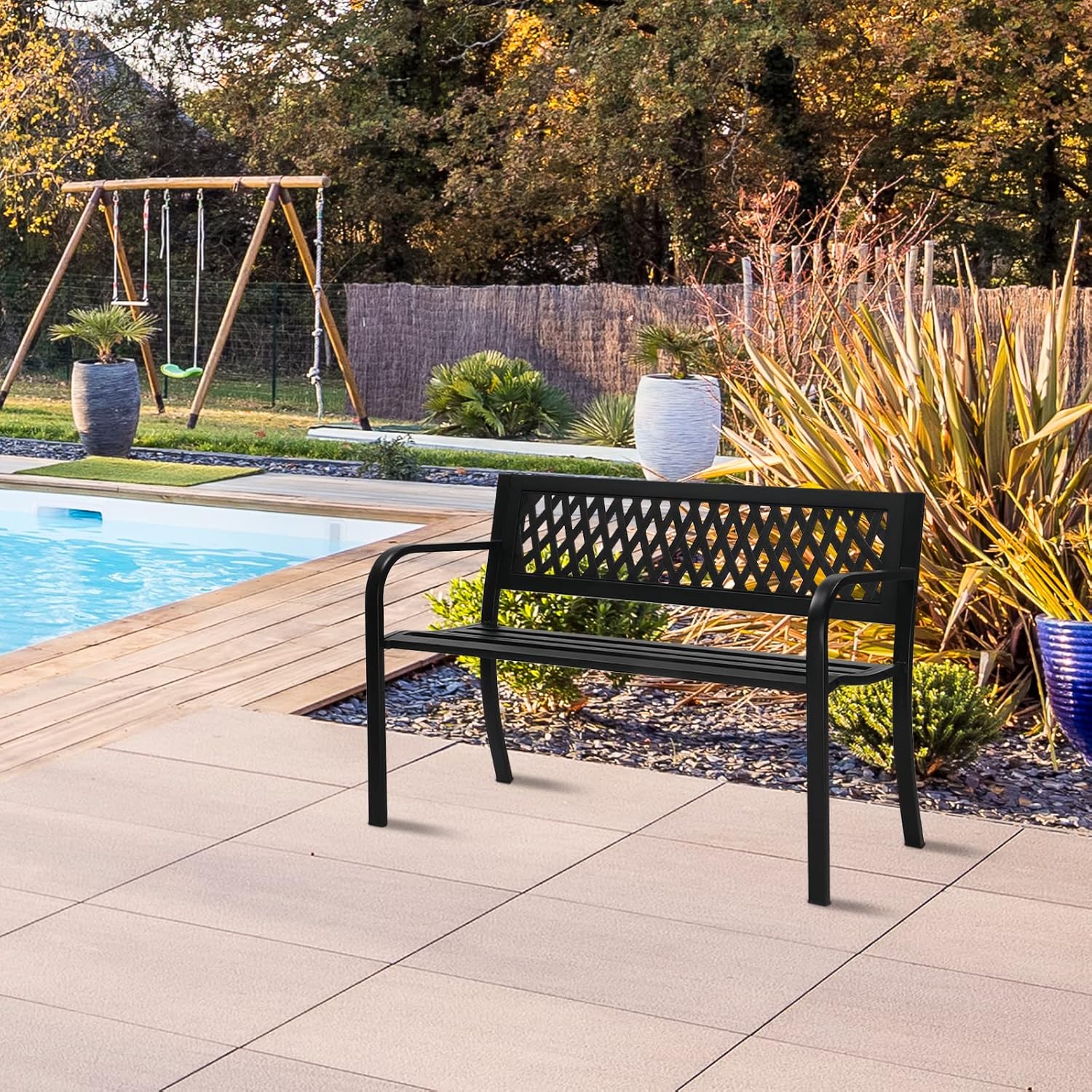 47in Outdoor Garden Park Bench,Outdoor Metal Porch Benches,Weatherproof Patio Park Bench,Outside Leisure Bench,with Mesh Back and Armrests,for Lawn, Deck, Path, Backyard, Entryway (Black)