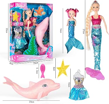Mermaid Princess Doll Playset, Color Changing Mermaid, Dress Up Doll 12 and Dress Doll 3 and Dolphin, Color Change by by Reversing the Sequins Mermaid Toys for Little Girls and Play Gift Set Aged 3+