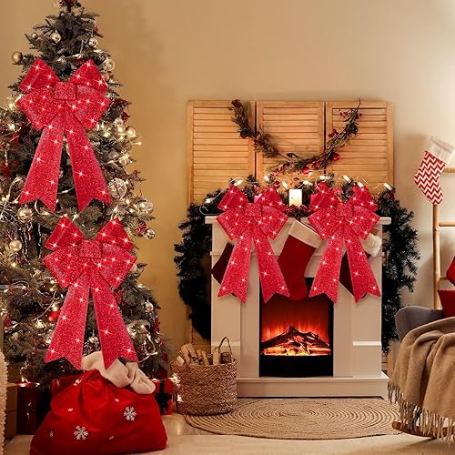 Miniatura 4 de WILLBOND 9 lazos de corona LED grandes de Navidad de 24 x 12 pulgadas, decoración de corona iluminada para árbol de Navidad, lazo rojo iluminado