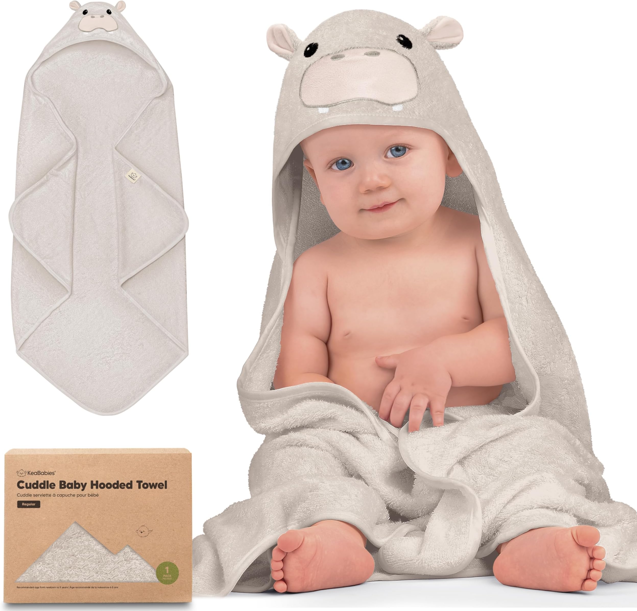 KeaBabies Baby Hooded Towel - Viscose from Bamboo Baby Towel Organic Bamboo Towel, Infant Towels, Large Hooded Towel, Baby Bath Towel with Hood for Girls, Babies, Newborn Boys, Toddler (Hippo)